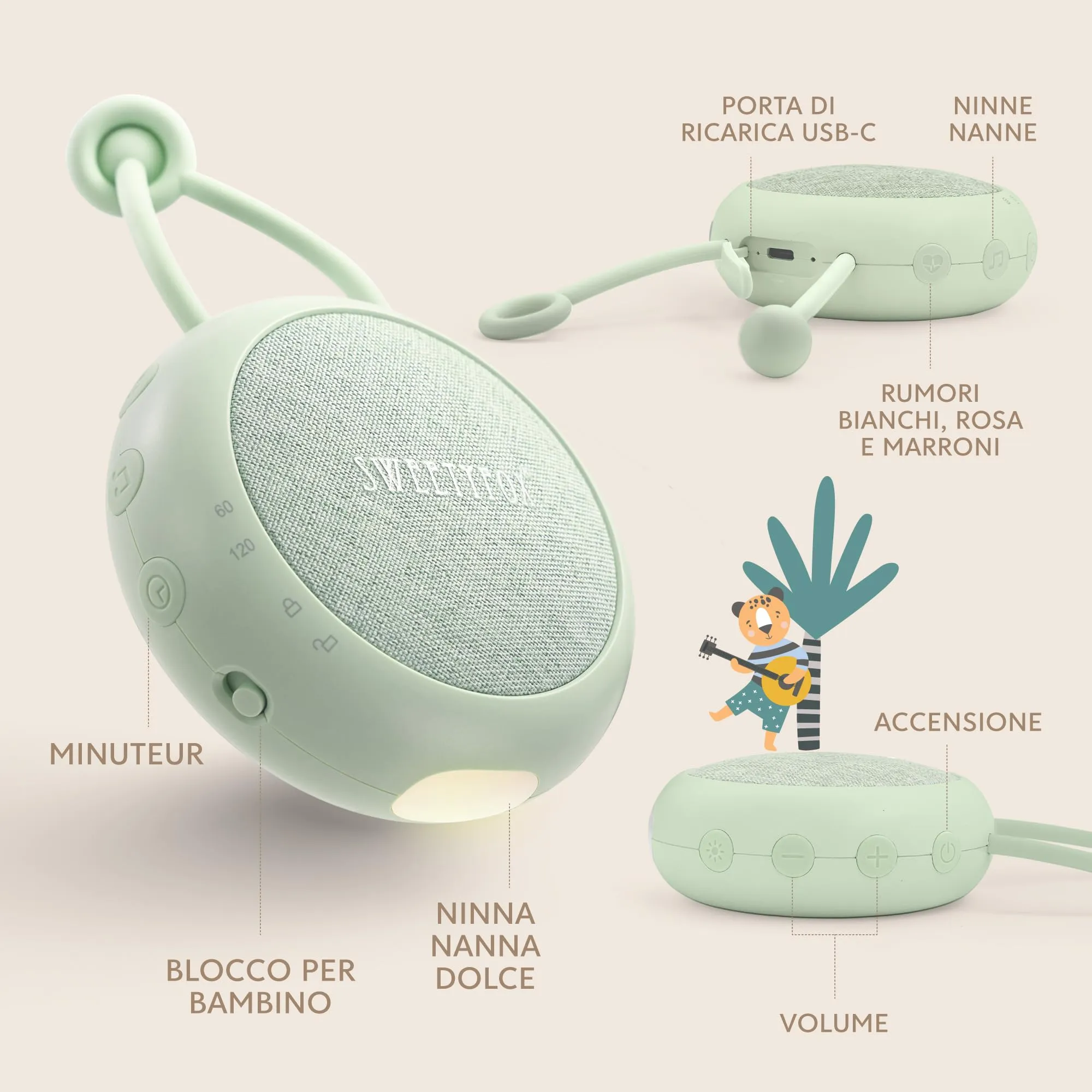 Sweety Fox Macchina Rumore Bianco Neonato con Luce Notturna, Verde - immagine 4