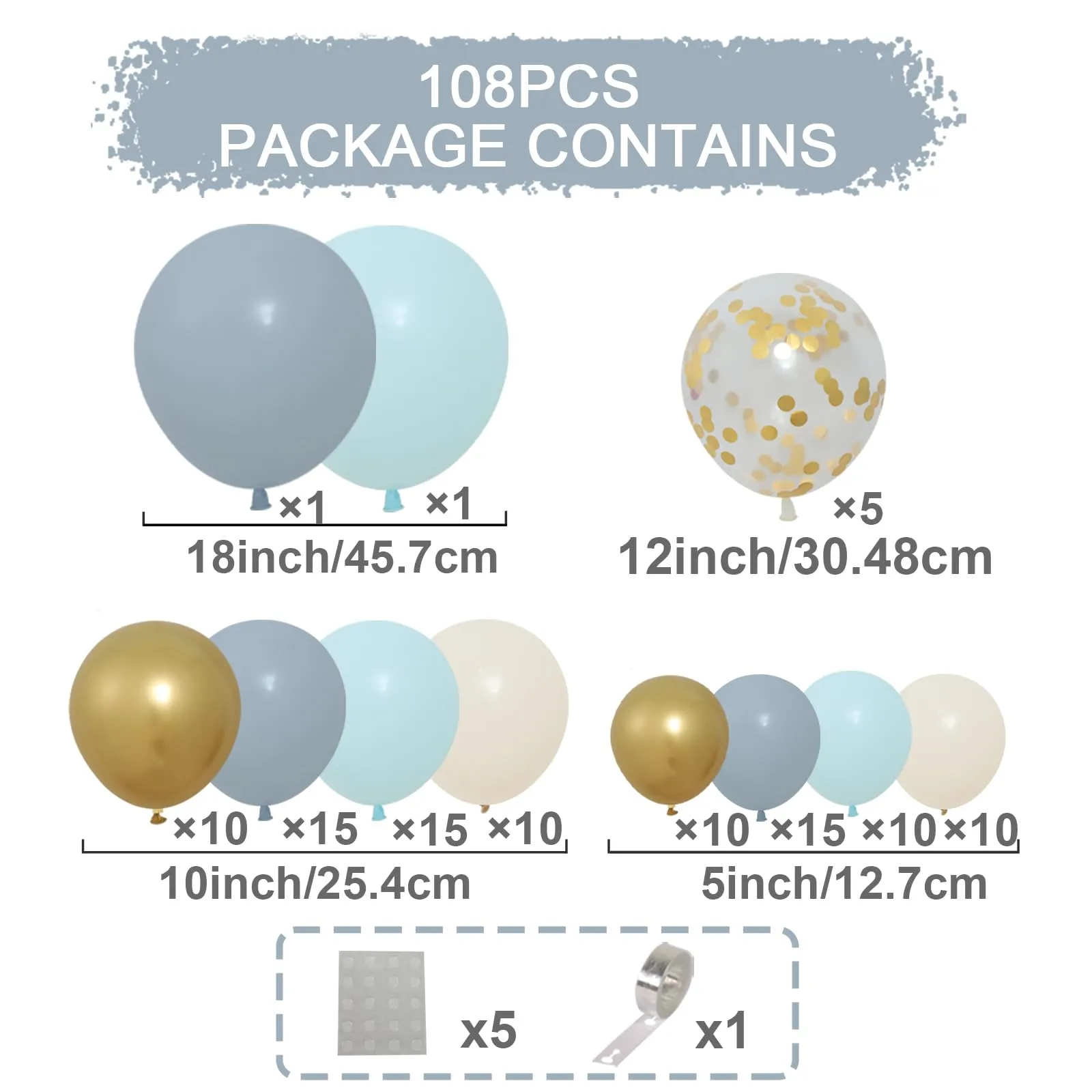 Balloon Garland Kit Arco Palloncini Blu Polveroso, Oro e Bianco Sabbia, 104 Pezzi - immagine 2