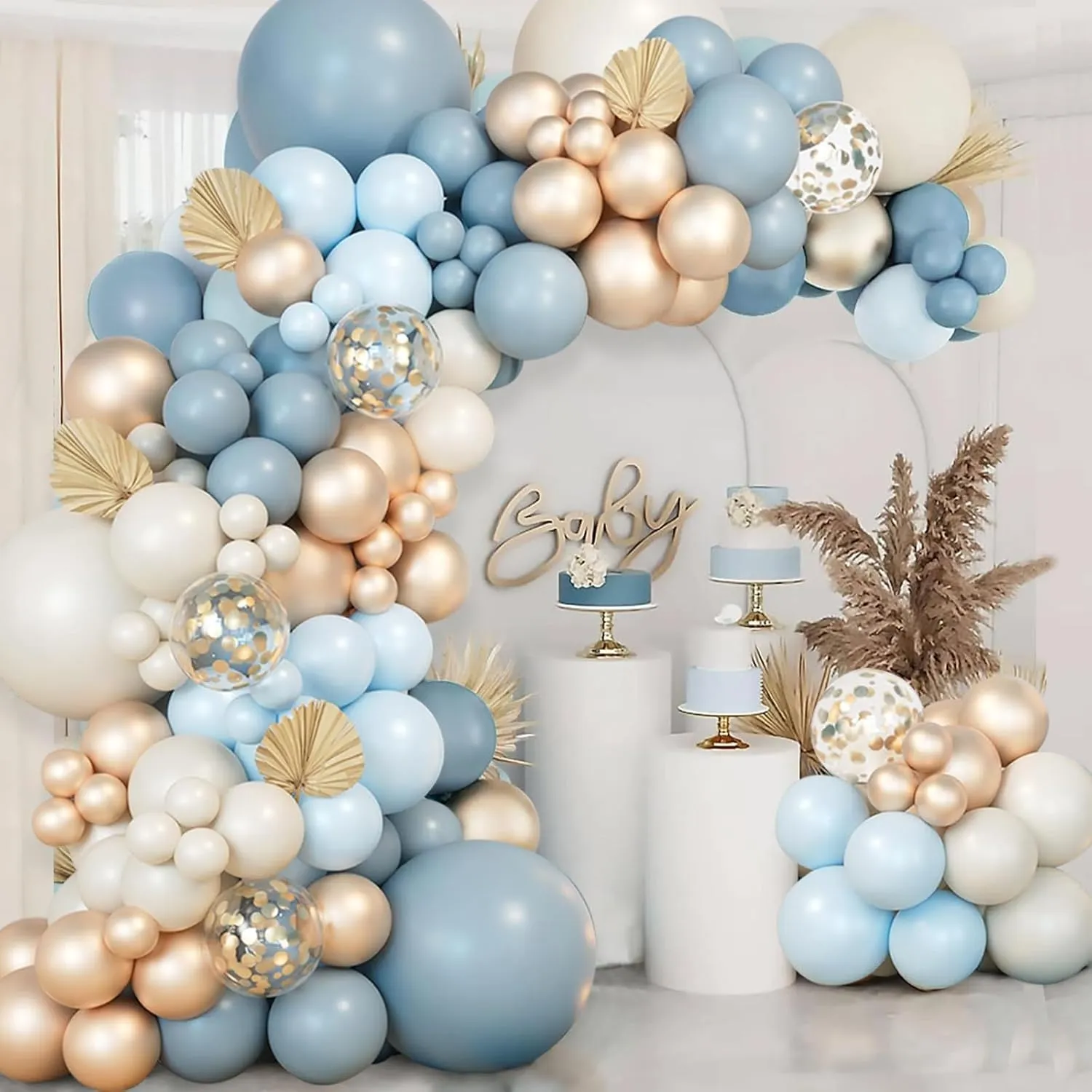 Balloon Garland Kit Arco Palloncini Blu Polveroso, Oro e Bianco Sabbia, 104 Pezzi - immagine 3