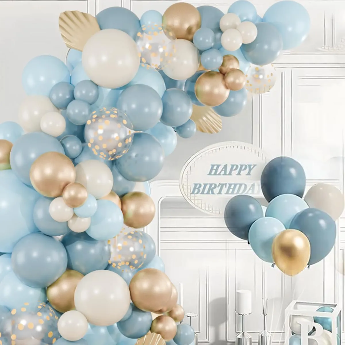 Balloon Garland Kit Arco Palloncini Blu Polveroso, Oro e Bianco Sabbia, 104 Pezzi - immagine 4