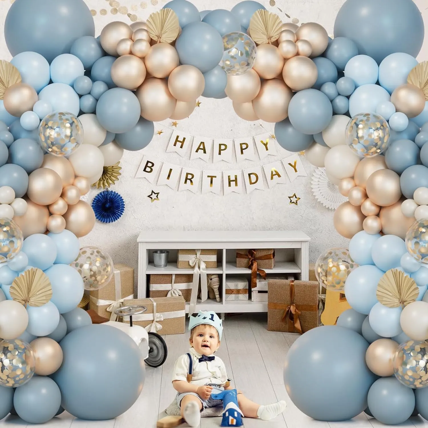 Balloon Garland Kit Arco Palloncini Blu Polveroso, Oro e Bianco Sabbia, 104 Pezzi - immagine 5