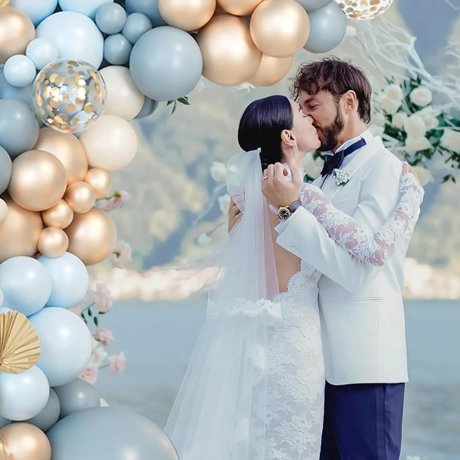 Balloon Garland Kit Arco Palloncini Blu Polveroso, Oro e Bianco Sabbia, 104 Pezzi - immagine 6