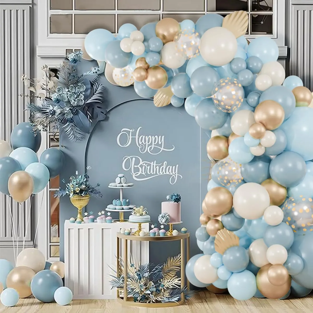 Balloon Garland Kit Arco Palloncini Blu Polveroso, Oro e Bianco Sabbia, 104 Pezzi - immagine 7