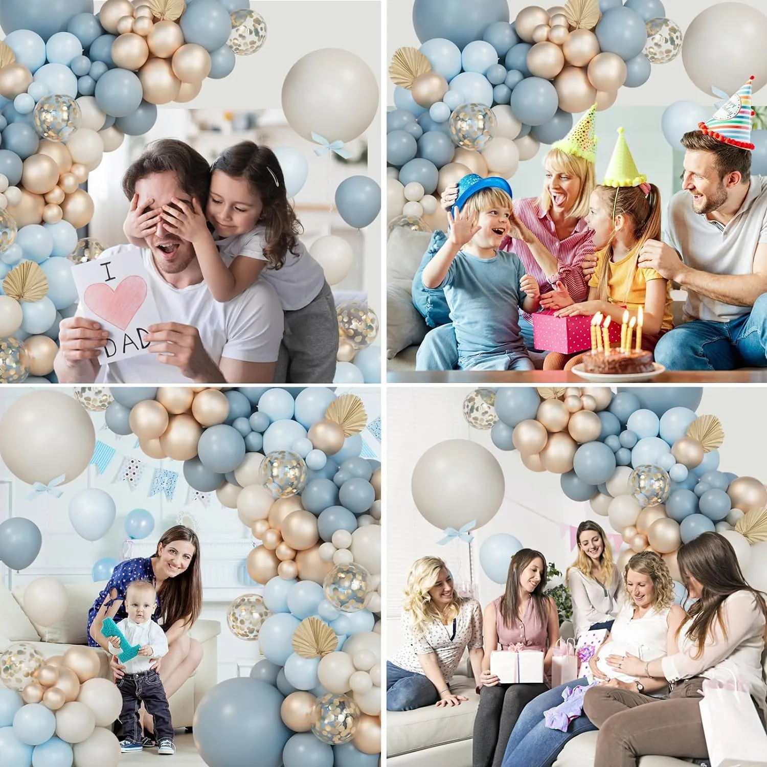 Balloon Garland Kit Arco Palloncini Blu Polveroso, Oro e Bianco Sabbia, 104 Pezzi - immagine 8