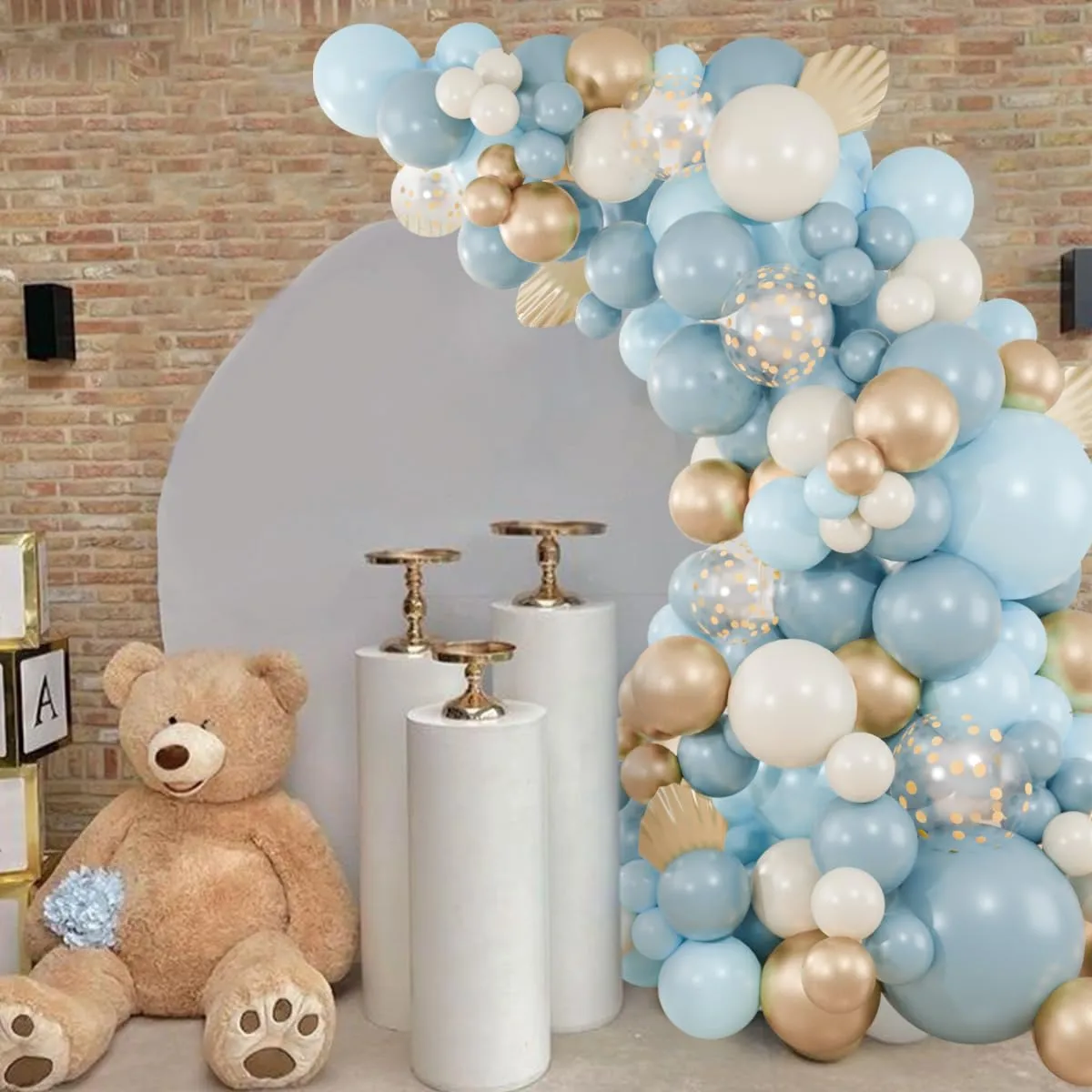 Balloon Garland Kit Arco Palloncini Blu Polveroso, Oro e Bianco Sabbia, 104 Pezzi - immagine 9
