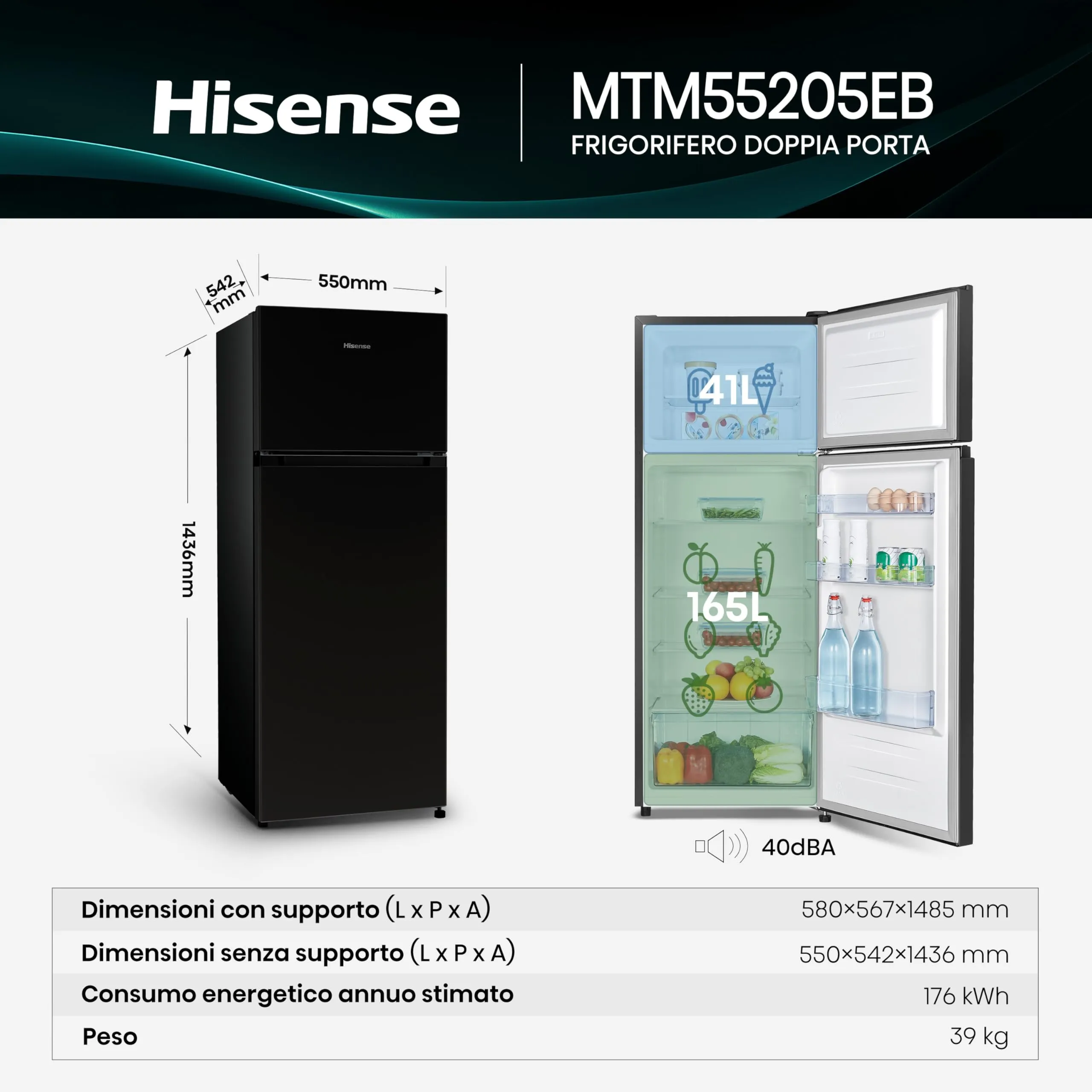 Hisense MTM55205EB Frigorifero Doppia Porta, 206 L, Nero - immagine 2