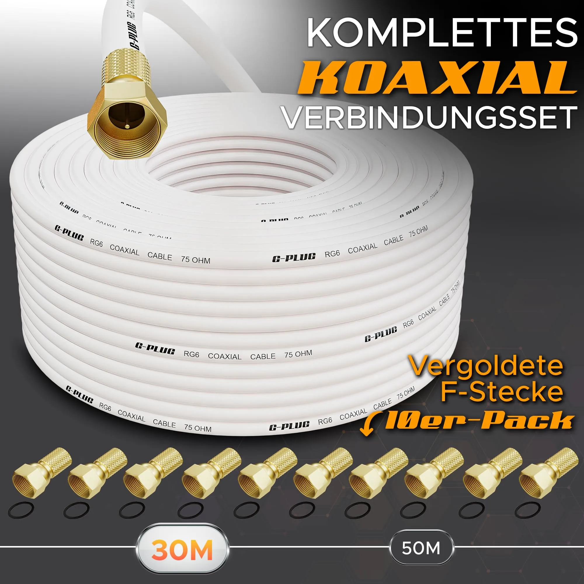 G-PLUG RG6 Coaxial Cable 30m with F Connectors for TV and Satellite - immagine 2