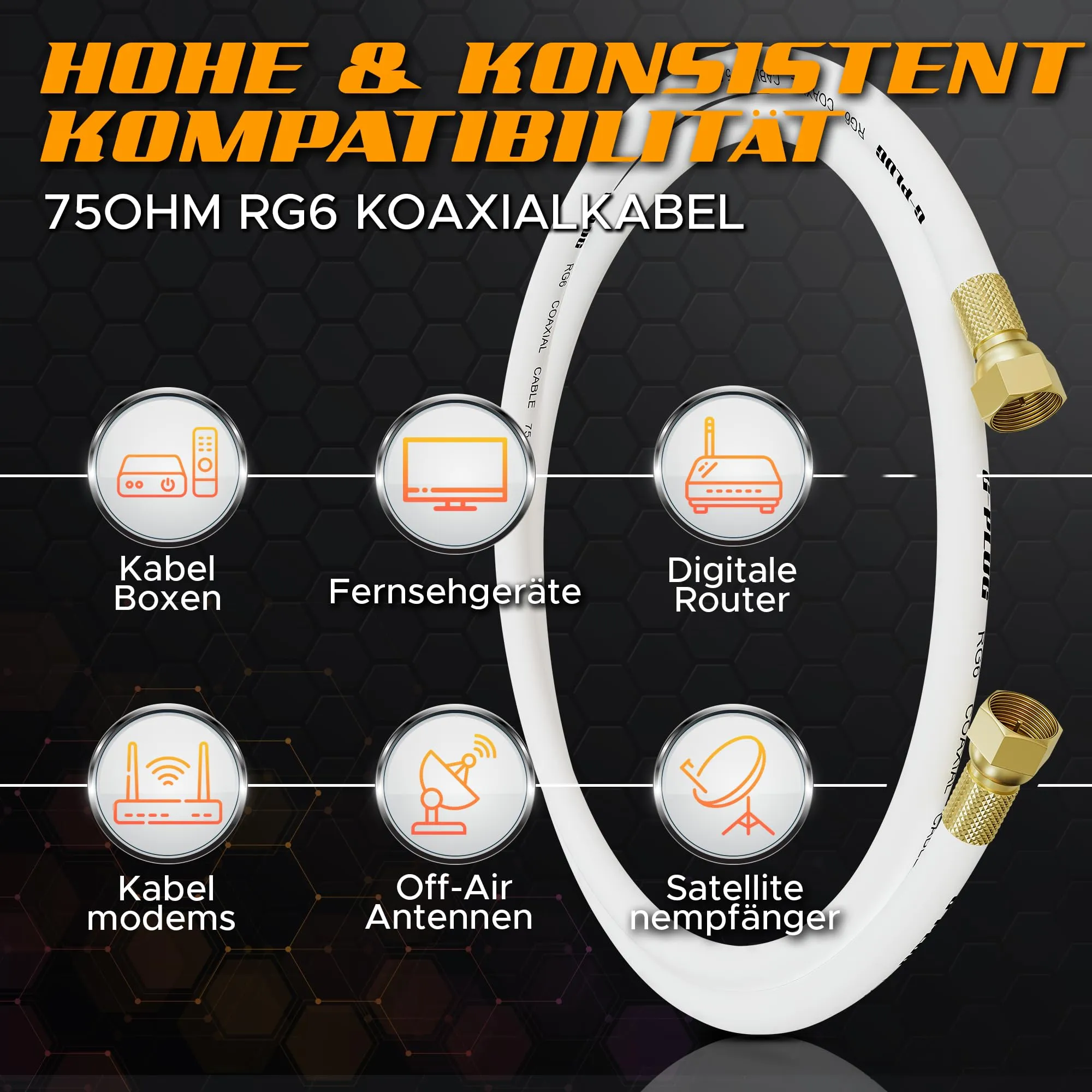 G-PLUG RG6 Coaxial Cable 30m with F Connectors for TV and Satellite - immagine 3