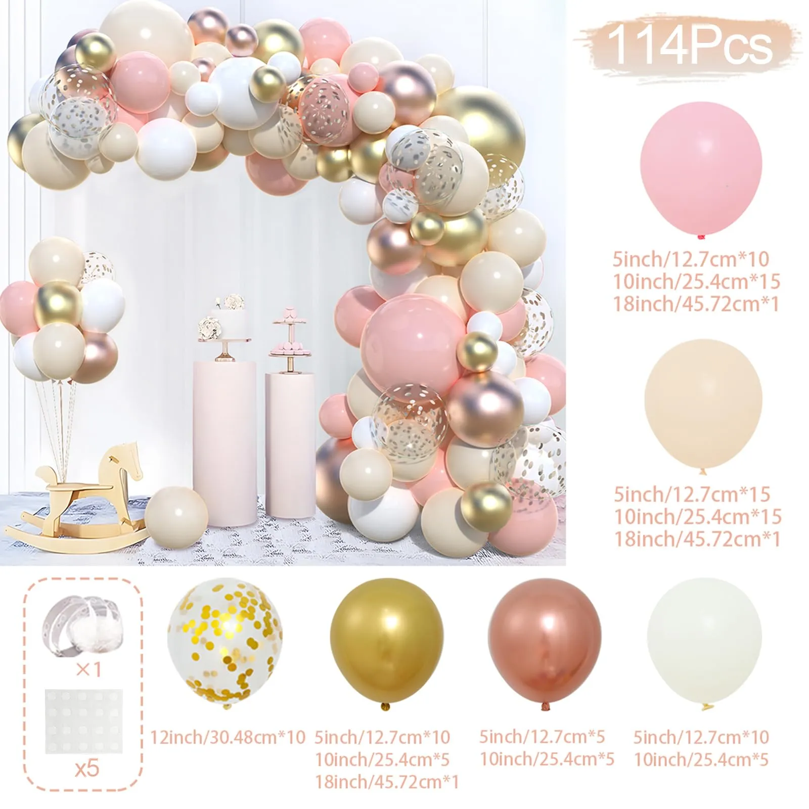 Balloon Garland Kit Arco Palloncini Oro Rosa Beige, 110 Pezzi, Ghirlanda Rosa Pastello Albicocca Oro Bianco con Coriandoli Dorati - immagine 2