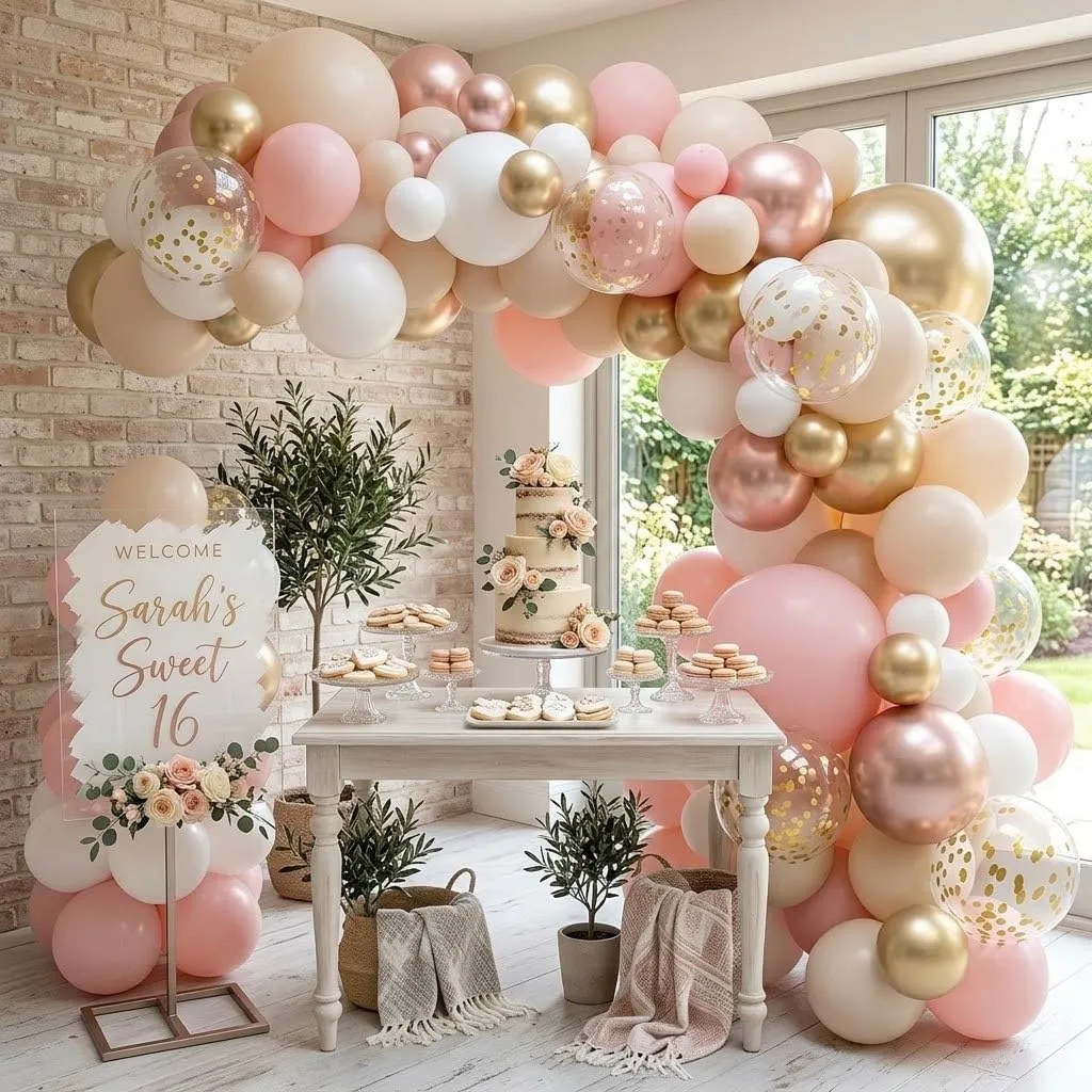 Balloon Garland Kit Arco Palloncini Oro Rosa Beige, 110 Pezzi, Ghirlanda Rosa Pastello Albicocca Oro Bianco con Coriandoli Dorati - immagine 7