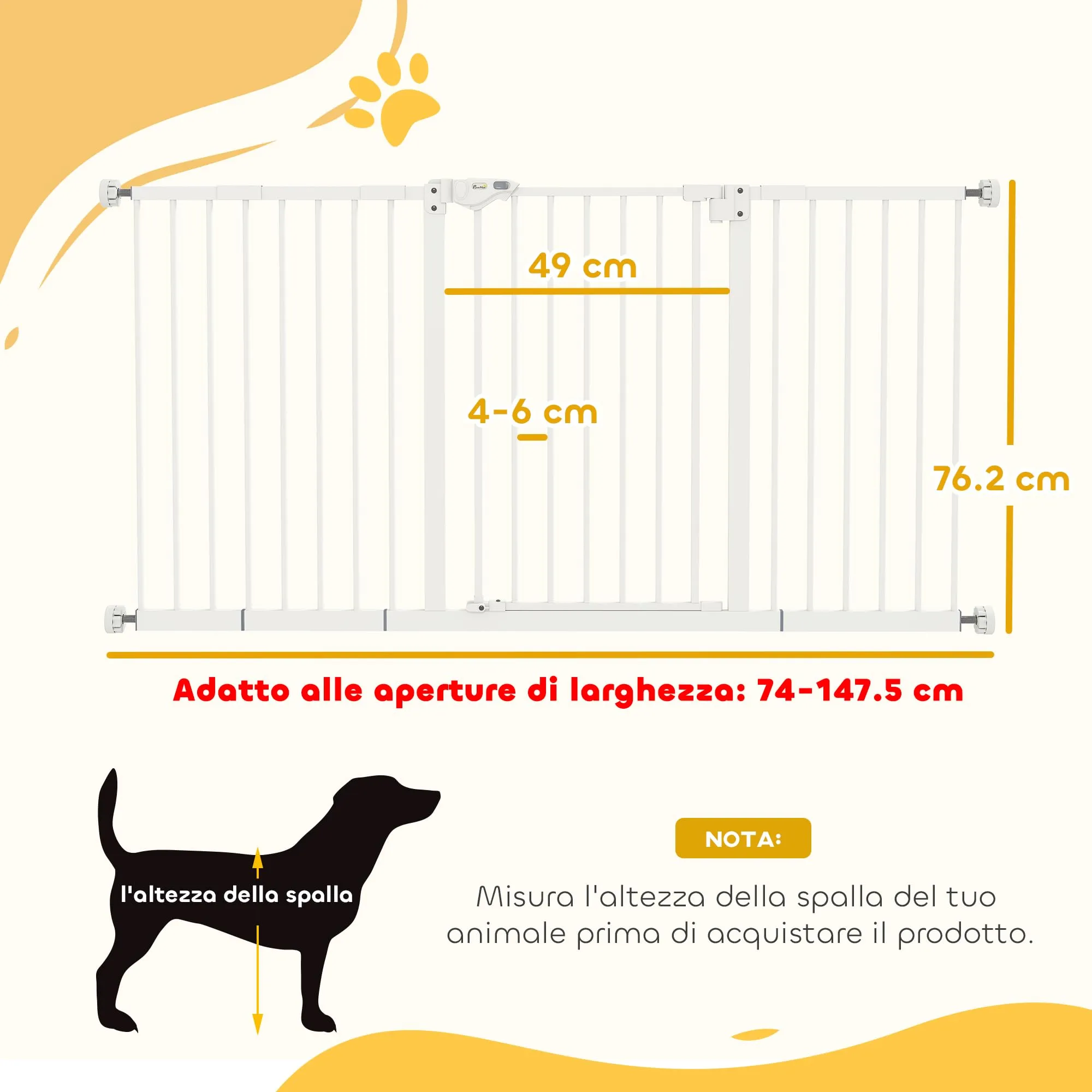 PawHut Cancellino per Cani Regolabile 74-147.5 cm, Bianco - immagine 3