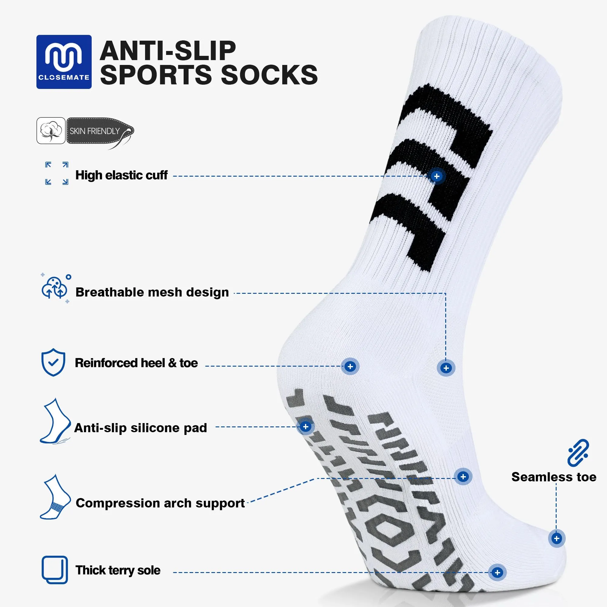 CLOSEMATE Calzini da Calcio Antiscivolo con Grip in Silicone, Bianco, 43-46 - immagine 3