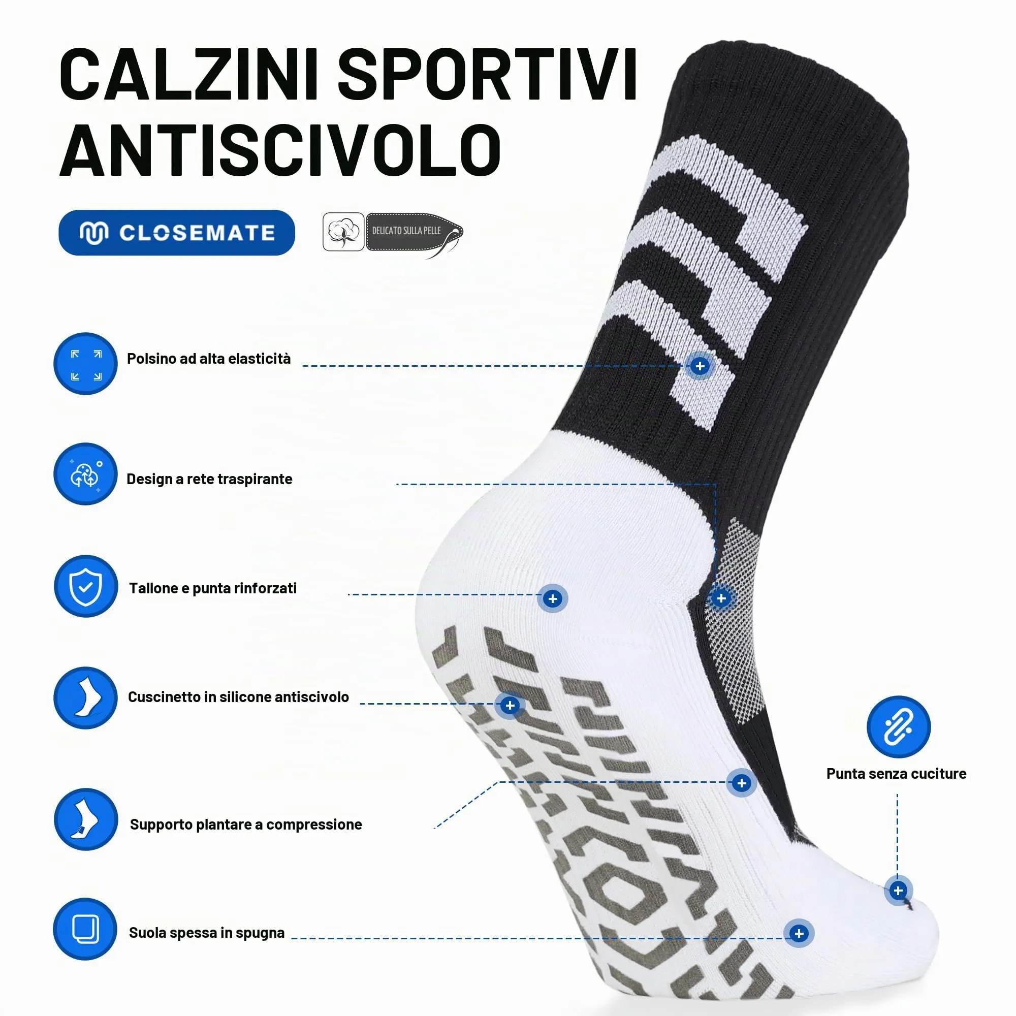 CLOSEMATE Calzini da Calcio Antiscivolo con Grip in Silicone, Nero, Taglia 39-42 - immagine 4