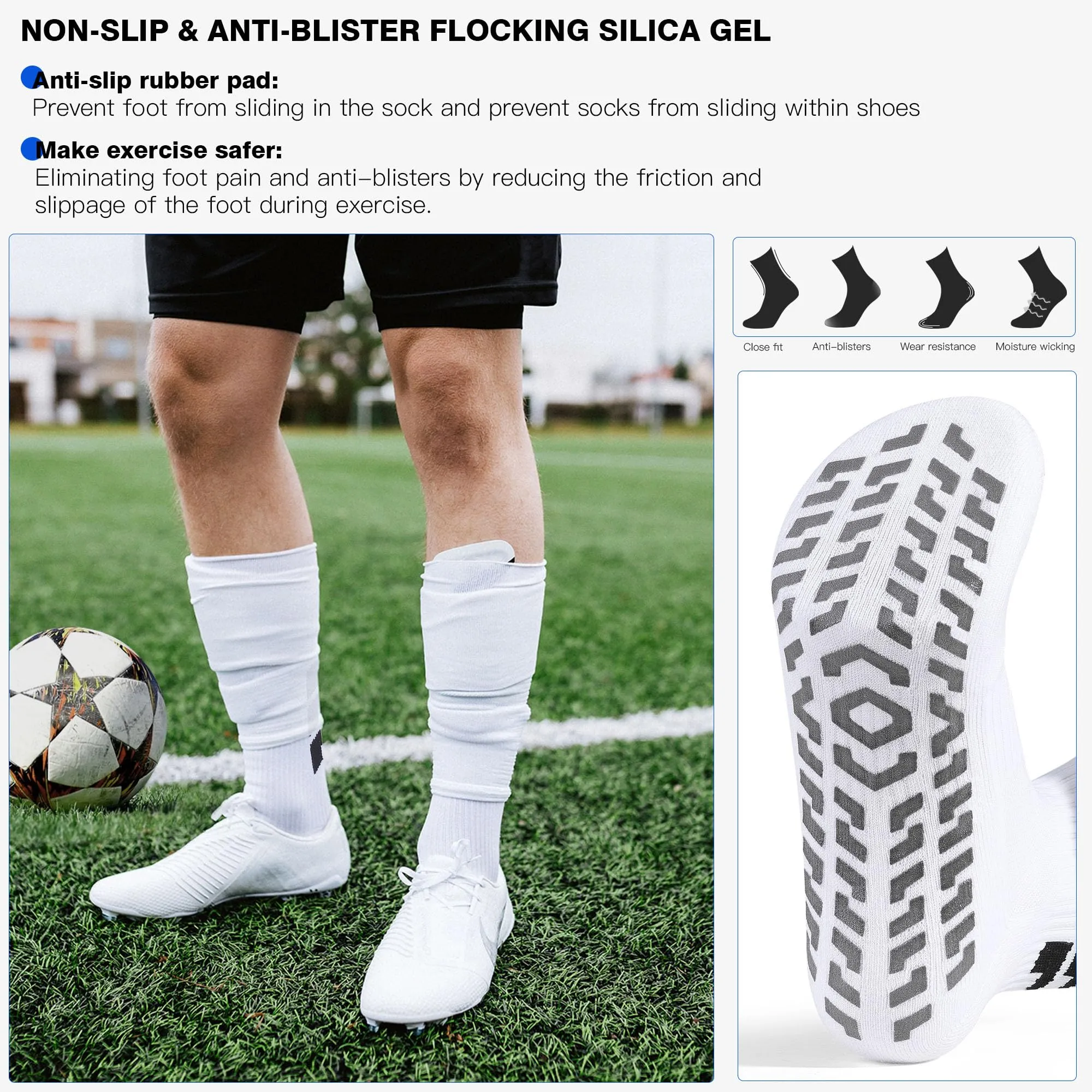 CLOSEMATE Calzini da Calcio Antiscivolo con Grip in Silicone, Bianco, 35-38 - immagine 4