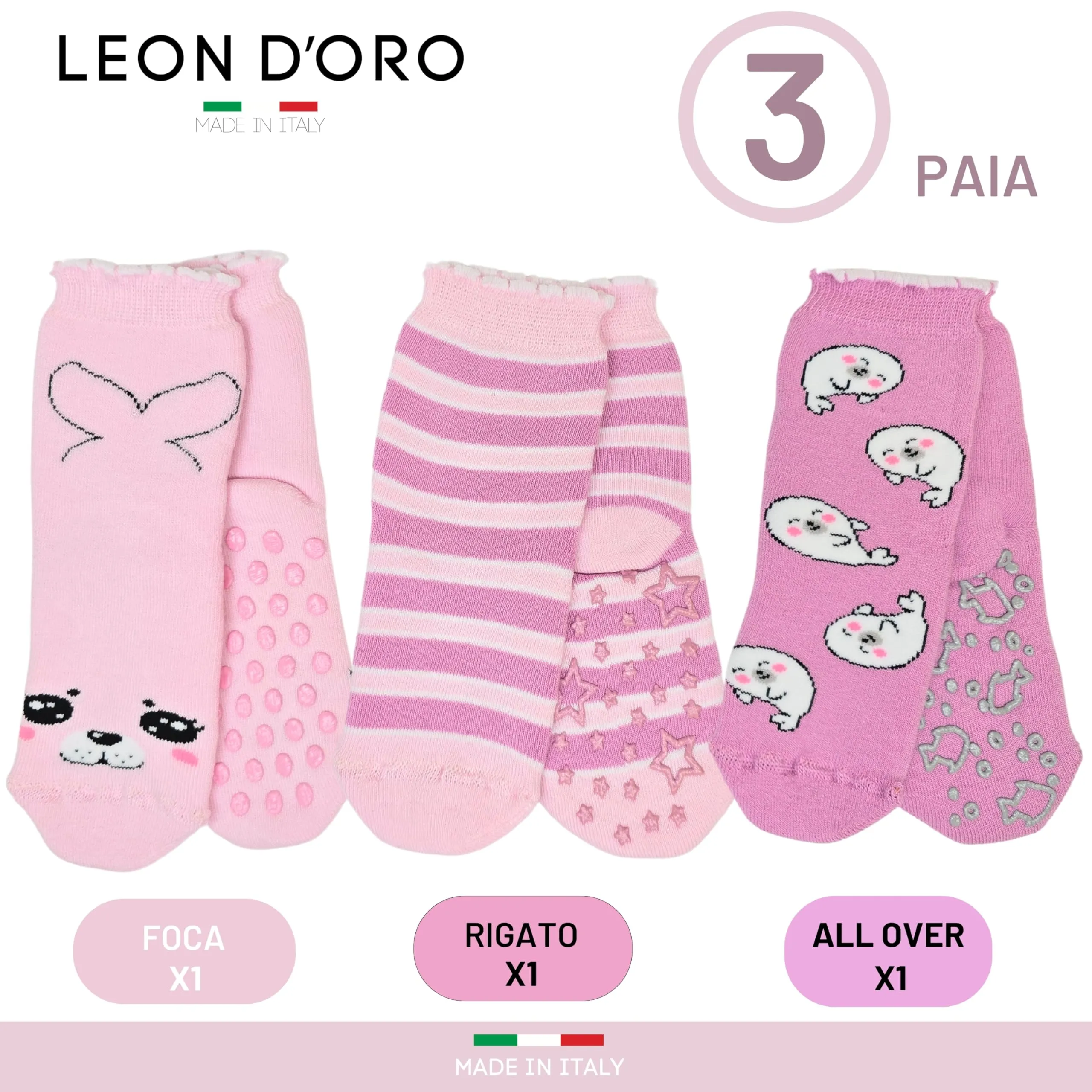 LEON D'ORO Calzini Bambina Antiscivolo in Cotone, 3 Paia, Made in Italy - immagine 4