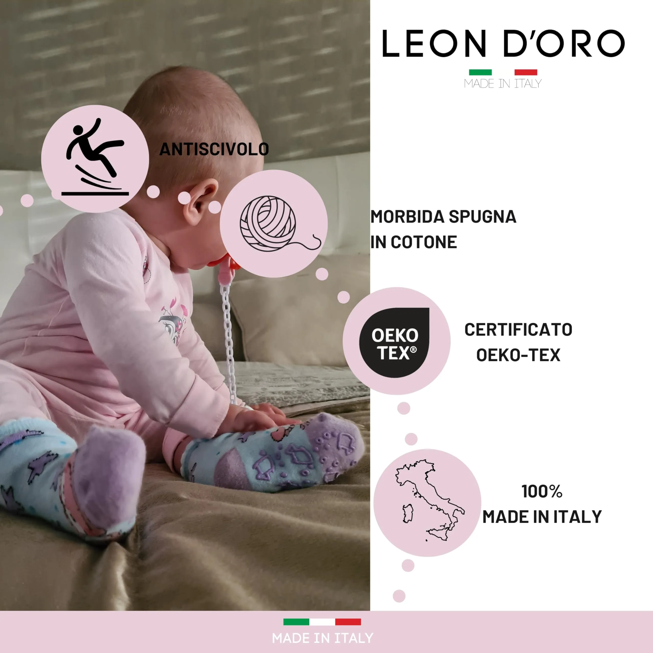 LEON D'ORO Calzini Bambina Antiscivolo in Cotone, 3 Paia, Made in Italy - immagine 5