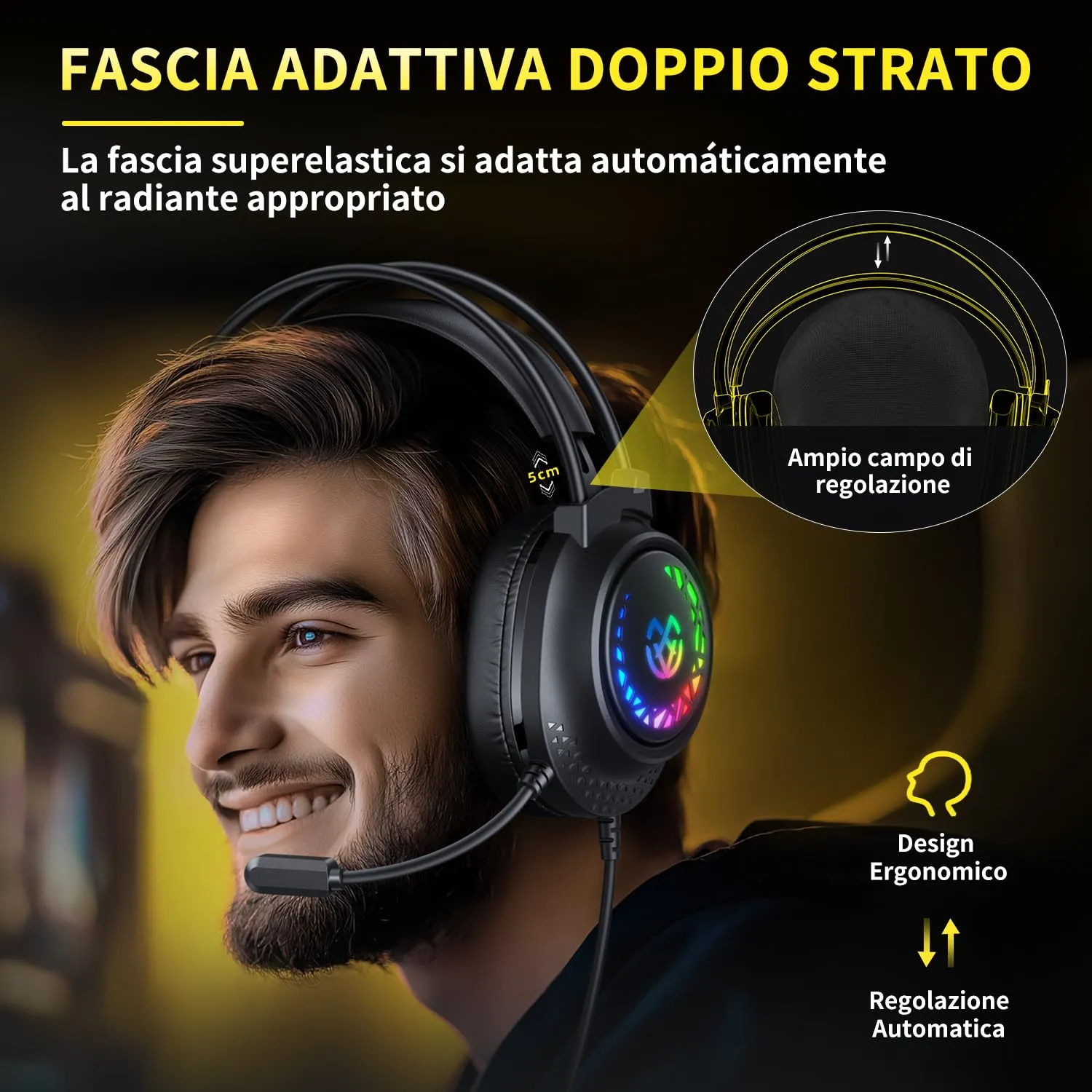 Tatybo Cuffie Gaming con Microfono per PS4, PS5, PC, Xbox One, Switch, Suono Stereo 3D, Luce RGB, Nero - immagine 2