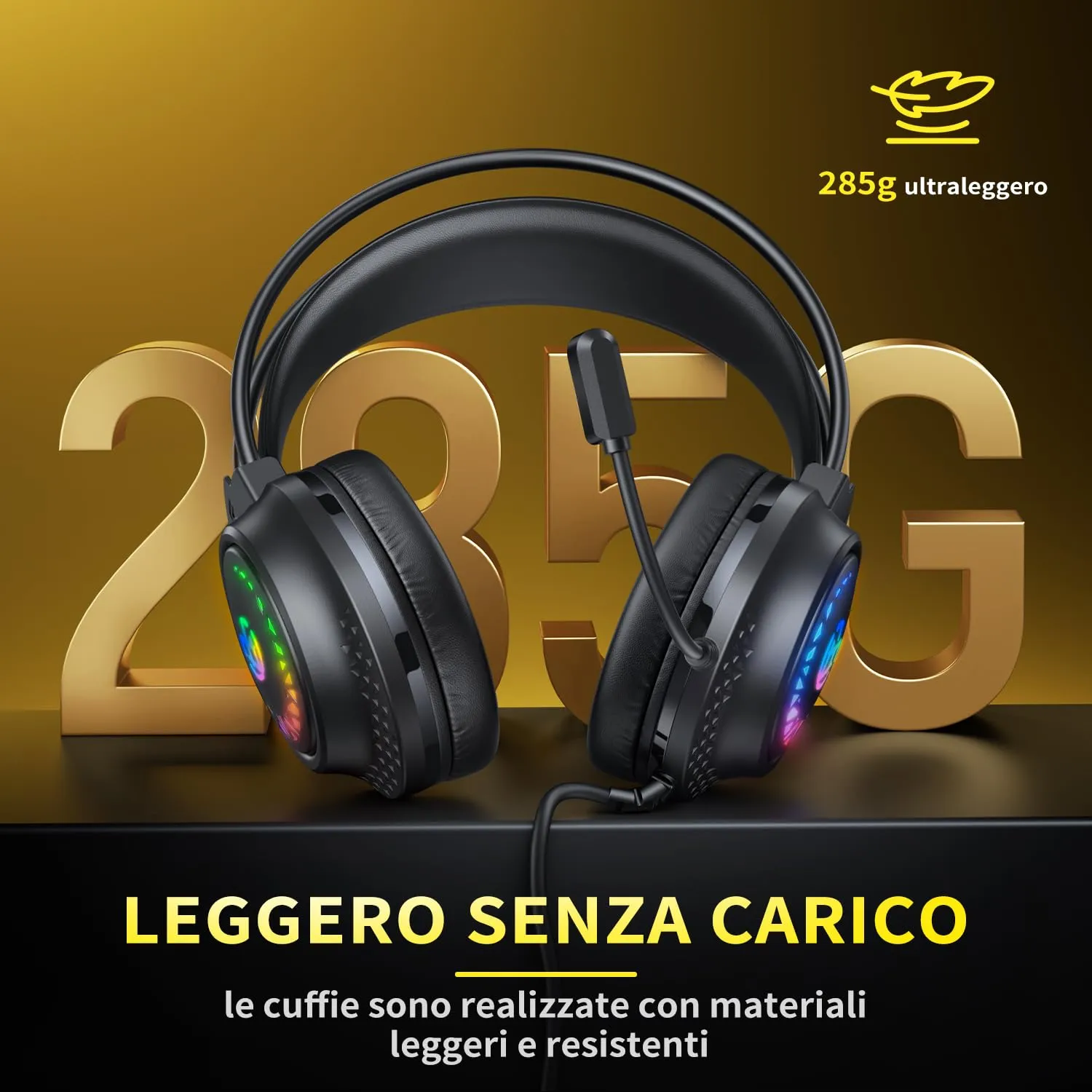 Tatybo Cuffie Gaming con Microfono per PS4, PS5, PC, Xbox One, Switch, Suono Stereo 3D, Luce RGB, Nero - immagine 3