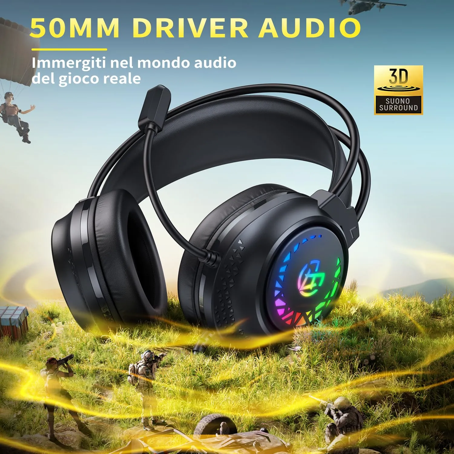 Tatybo Cuffie Gaming con Microfono per PS4, PS5, PC, Xbox One, Switch, Suono Stereo 3D, Luce RGB, Nero - immagine 5
