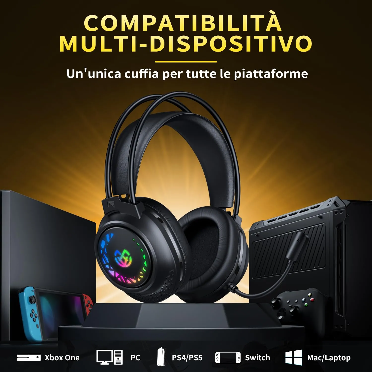 Tatybo Cuffie Gaming con Microfono per PS4, PS5, PC, Xbox One, Switch, Suono Stereo 3D, Luce RGB, Nero - immagine 7