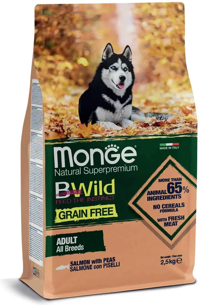Monge BWild Adult Salmon and Peas Dog Food, All Breeds, Low Grain, 12 kg - immagine 1