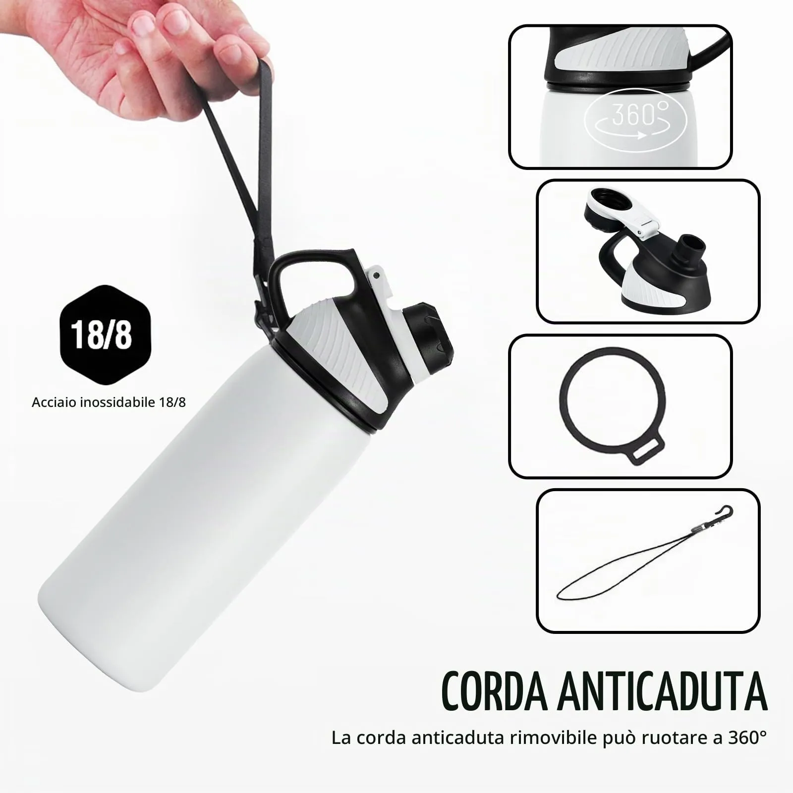Fjbottle Borraccia Termica 1L Acciaio Inox con Tappo Magnetico, Bianco - immagine 3