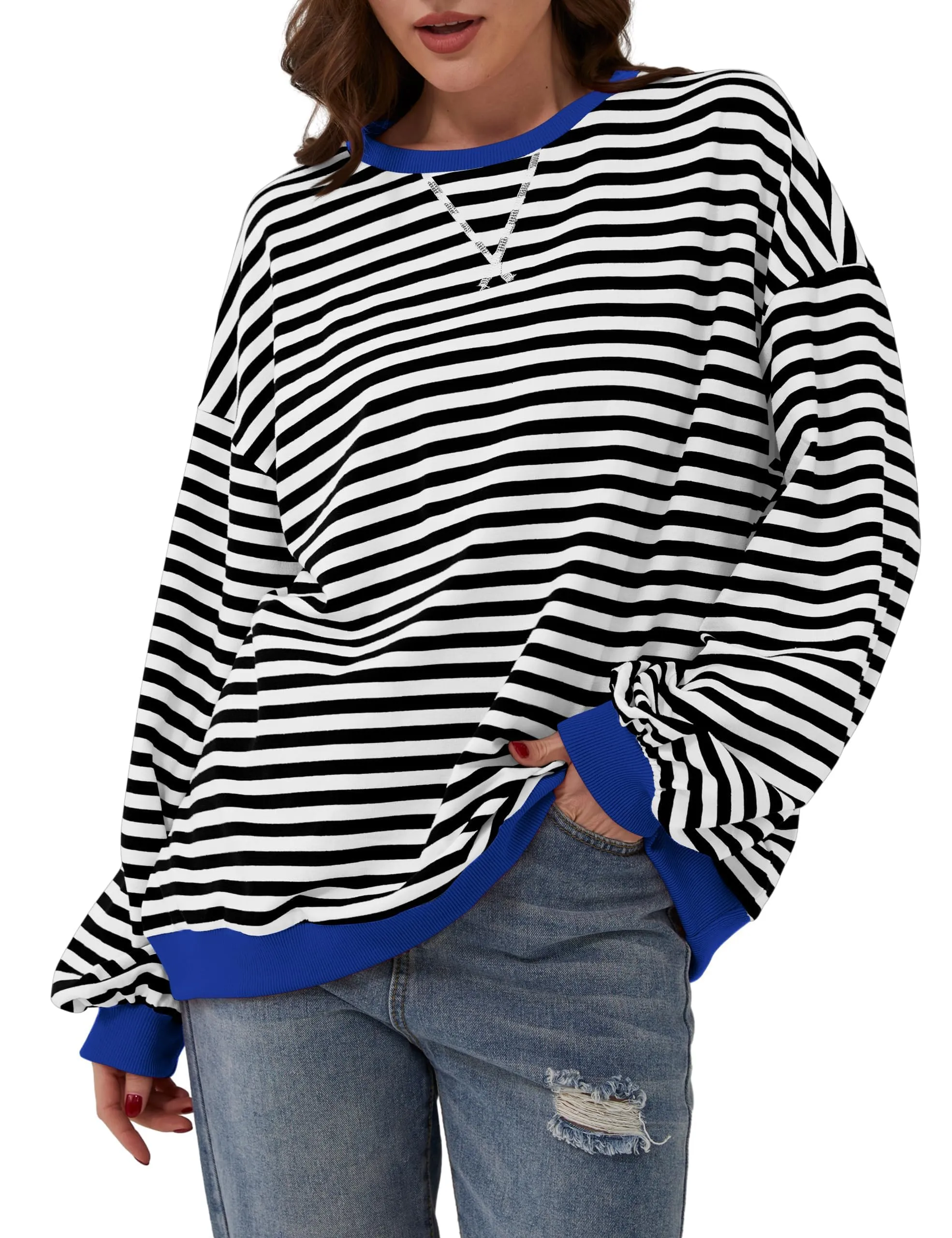 DUOEASE Felpa Donna Oversize a Righe Manica Lunga - immagine 2