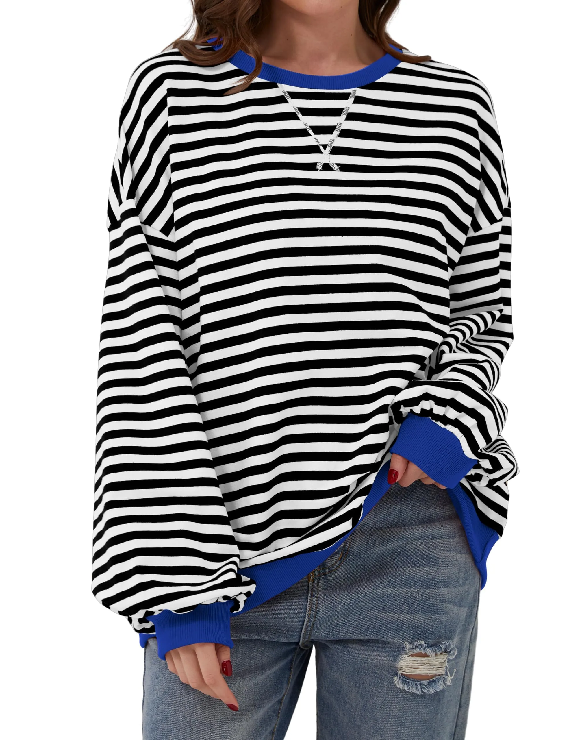 DUOEASE Felpa Donna Oversize a Righe Manica Lunga Y2K - immagine 1