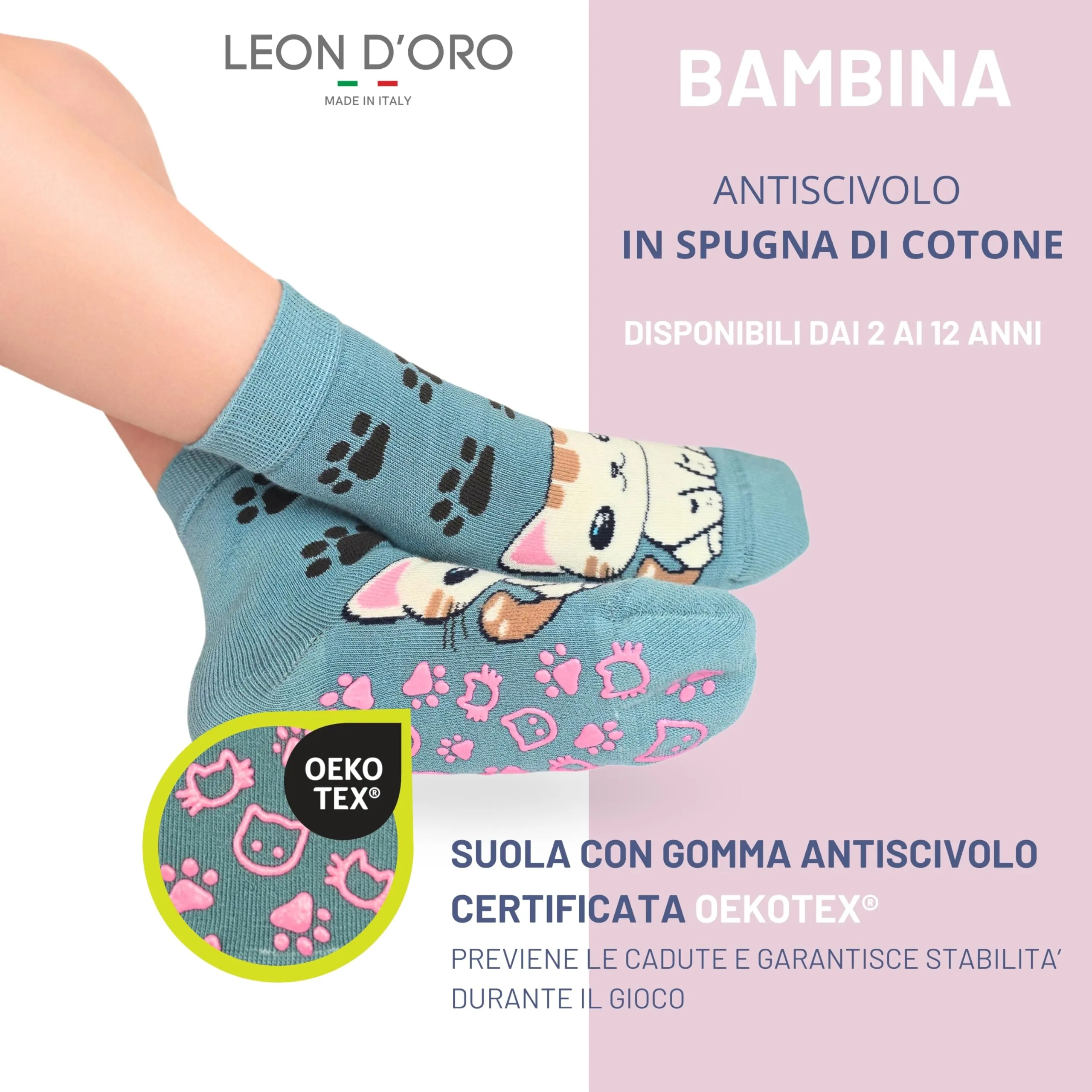LEON D'ORO Calzini Bambina Antiscivolo in Cotone, 3 Paia, Made in Italy, 35-40 - immagine 3