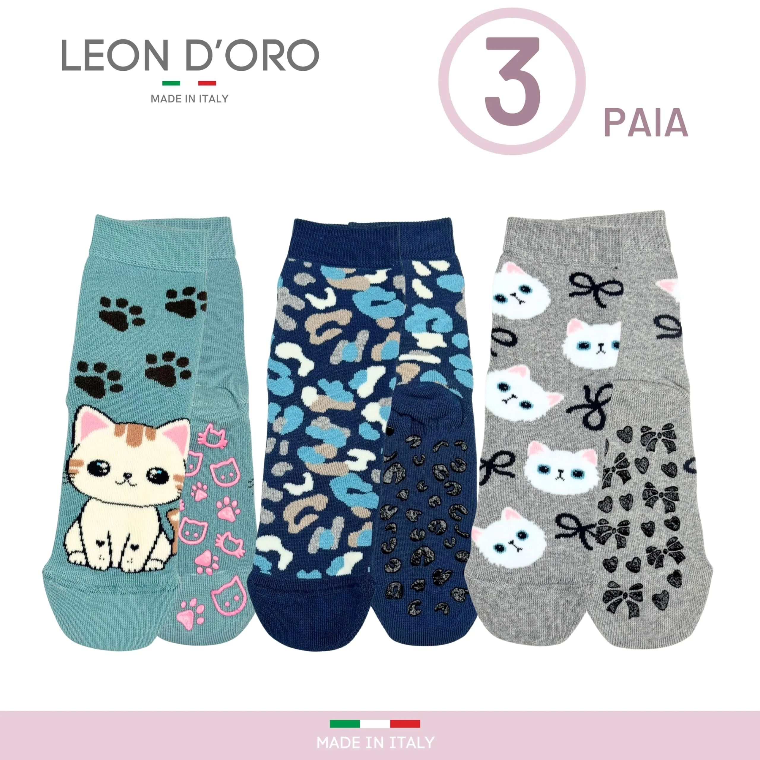 LEON D'ORO Calzini Bambina Antiscivolo in Cotone, 3 Paia, Made in Italy, 35-40 - immagine 4