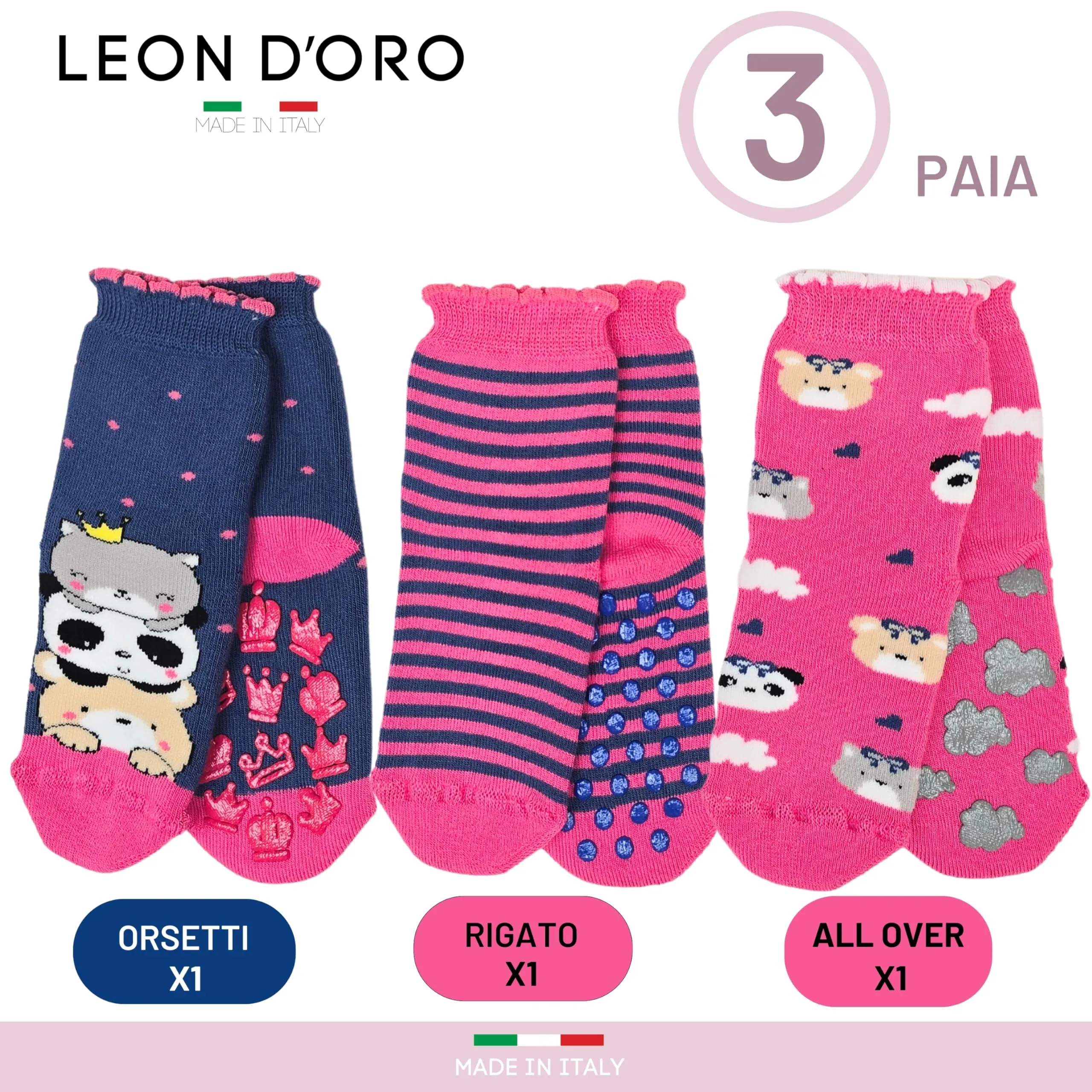 LEON D'ORO Calzini Bambina Antiscivolo in Cotone, 3 Paia, Made in Italy - immagine 4