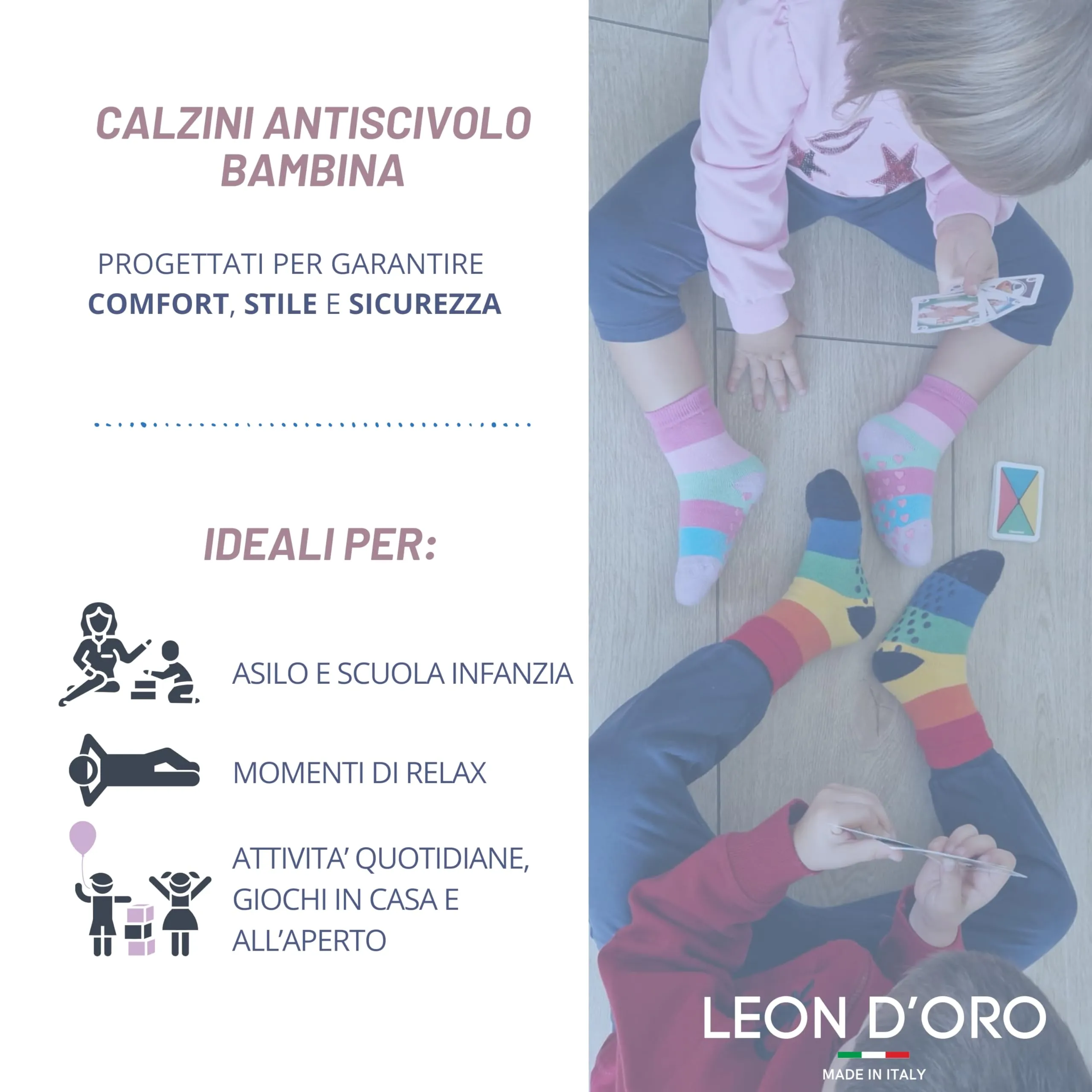 LEON D'ORO Calzini Bambina Antiscivolo in Cotone, 3 Paia, Made in Italy, 23-28 - immagine 5