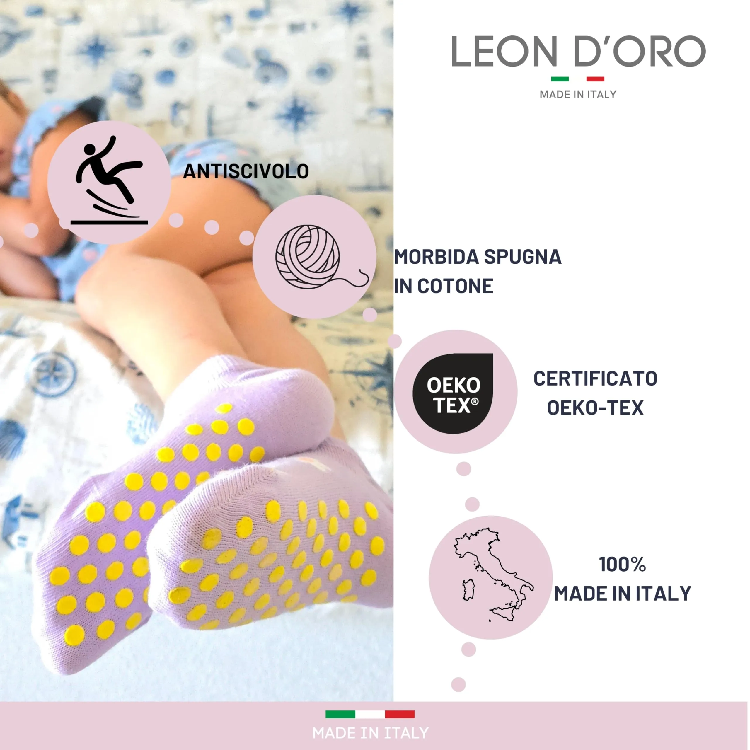 LEON D'ORO Calzini Bambina Antiscivolo in Cotone, 3 Paia, Made in Italy, 23-28 - immagine 6