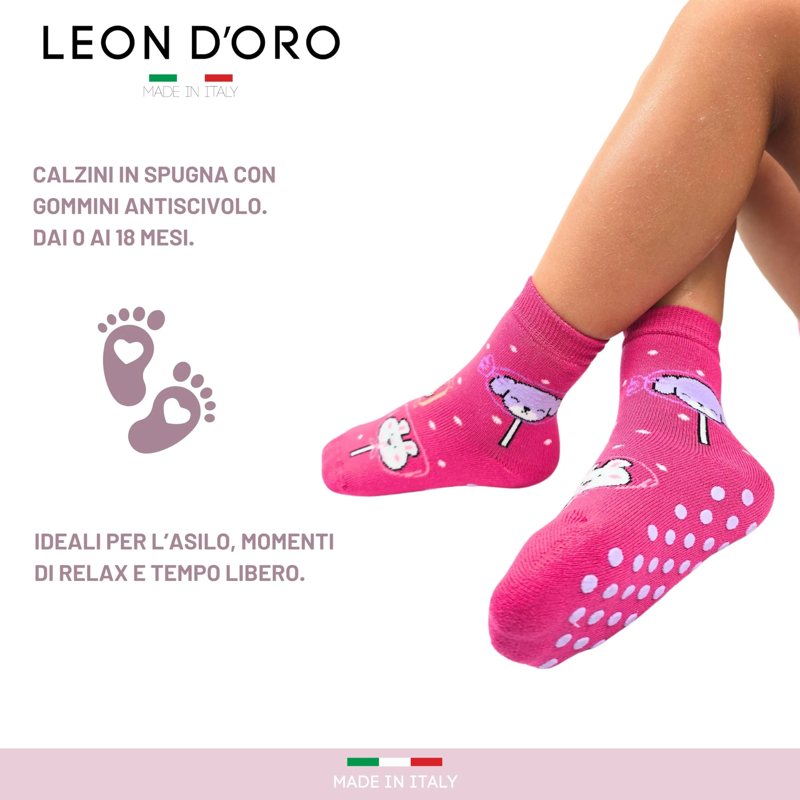 LEON D'ORO Calzini Bambina Antiscivolo in Cotone, 3 Paia, Made in Italy - immagine 3