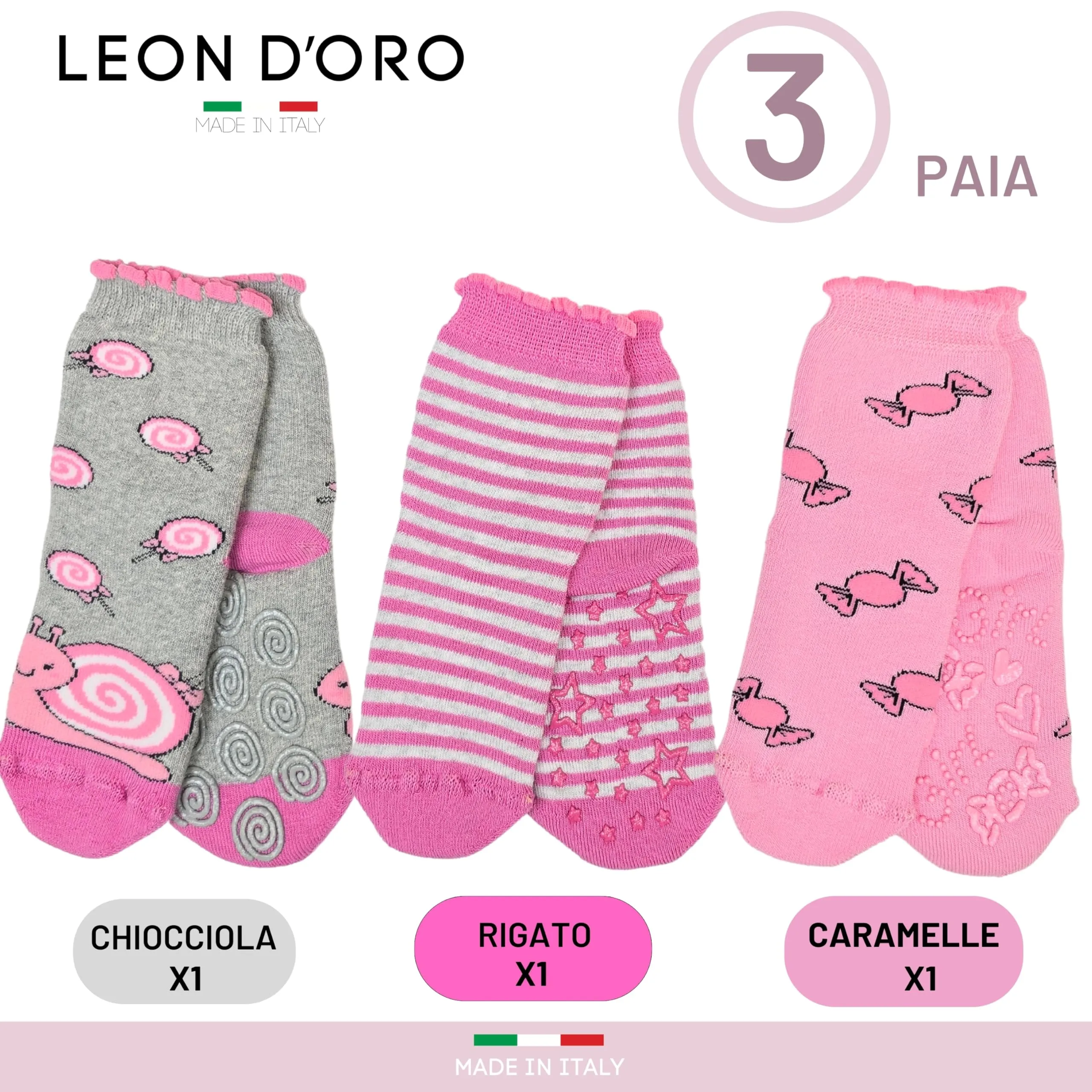 LEON D'ORO Calzini Bambina Antiscivolo in Cotone, 3 Paia, Made in Italy - immagine 4