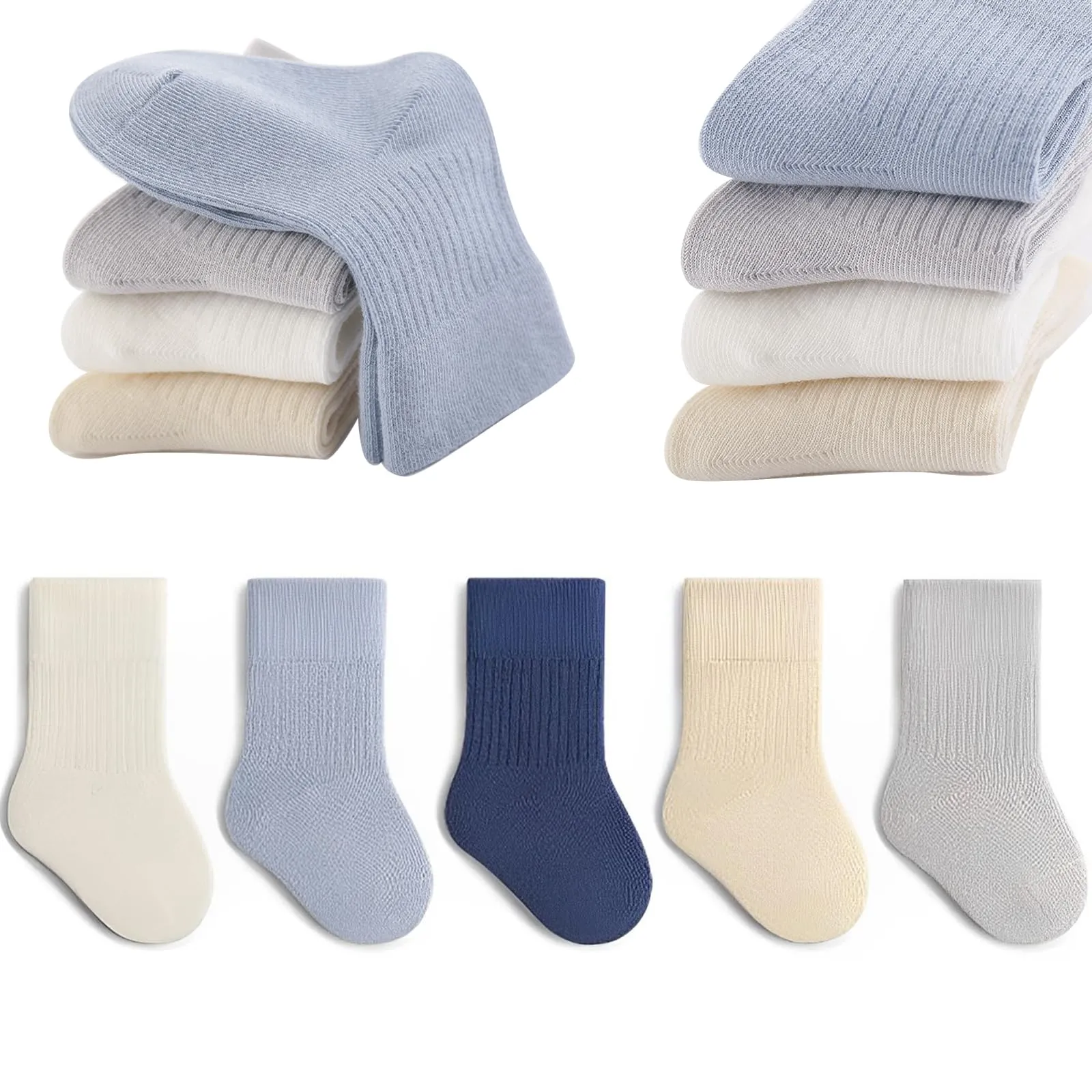 QIYIENDIAN Calzini in cotone per bambini, 5 paia, Colori solidi, Blu, 6-12M - immagine 1