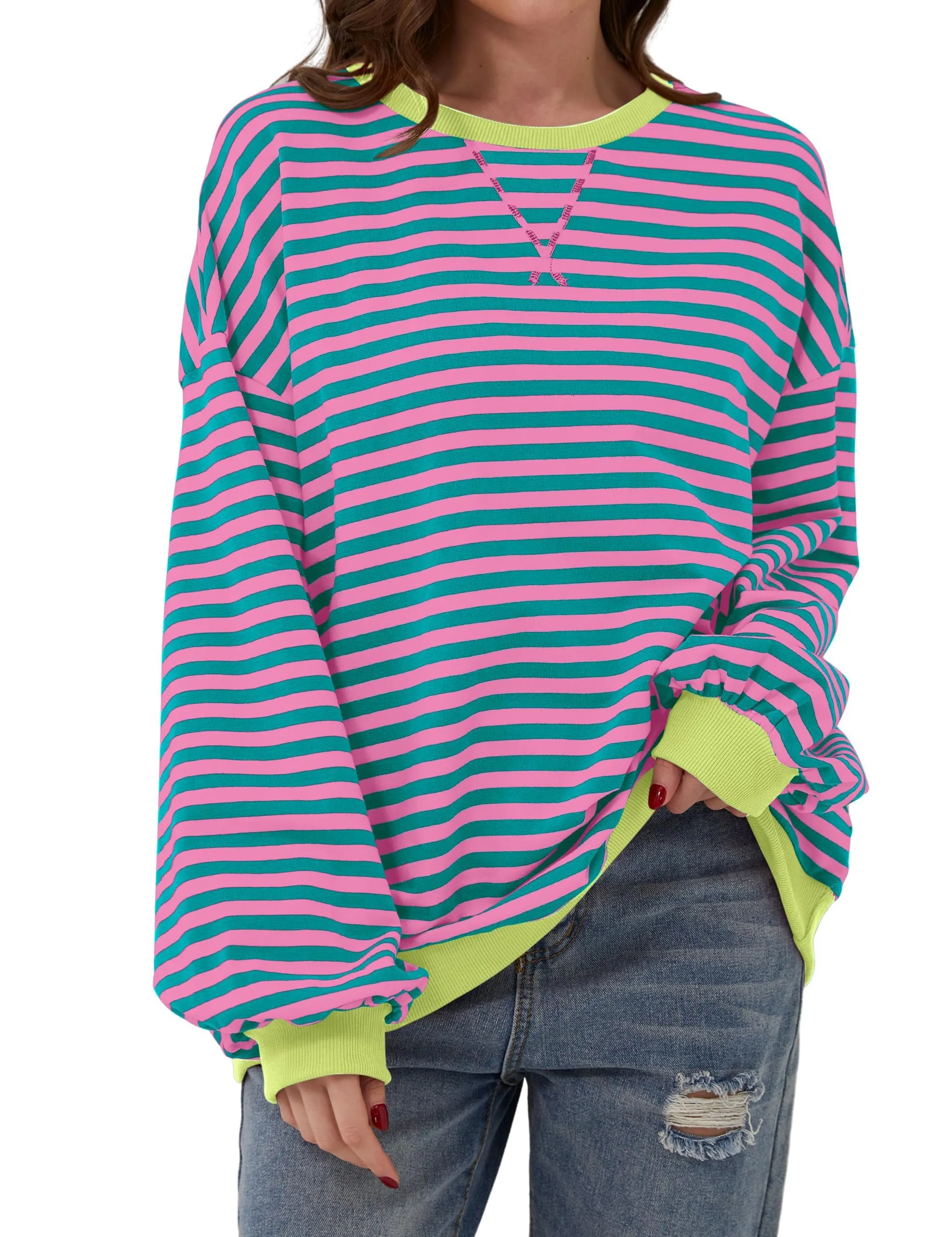 DUOEASE Felpa Donna Oversize a Righe Manica Lunga - immagine 1