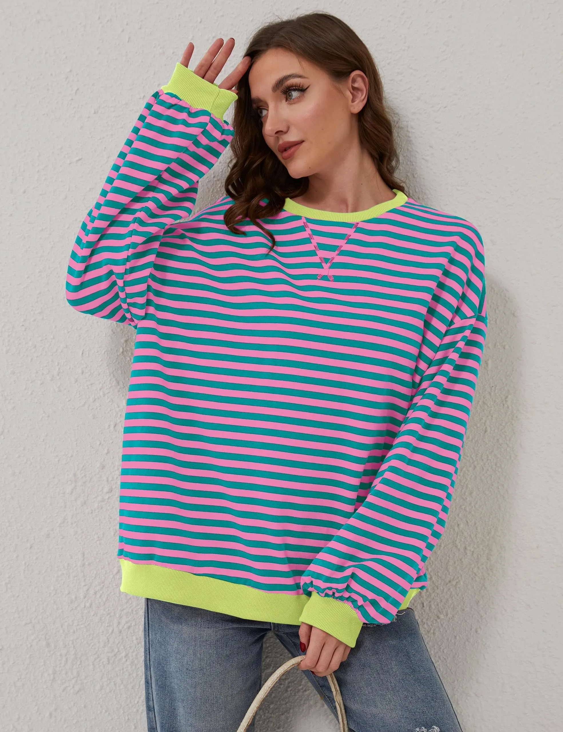 DUOEASE Felpa Donna Oversize a Righe Manica Lunga - immagine 4