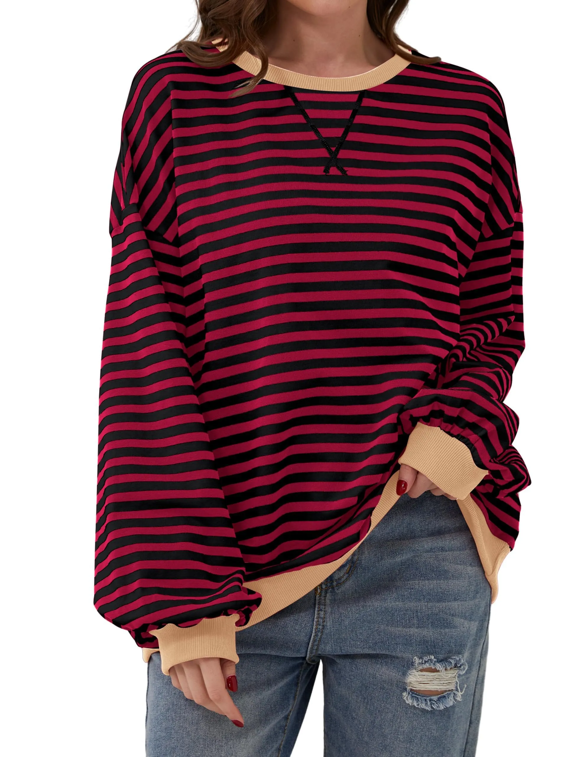 DUOEASE Felpa Donna Oversize a Righe Manica Lunga Top Y2K - immagine 1