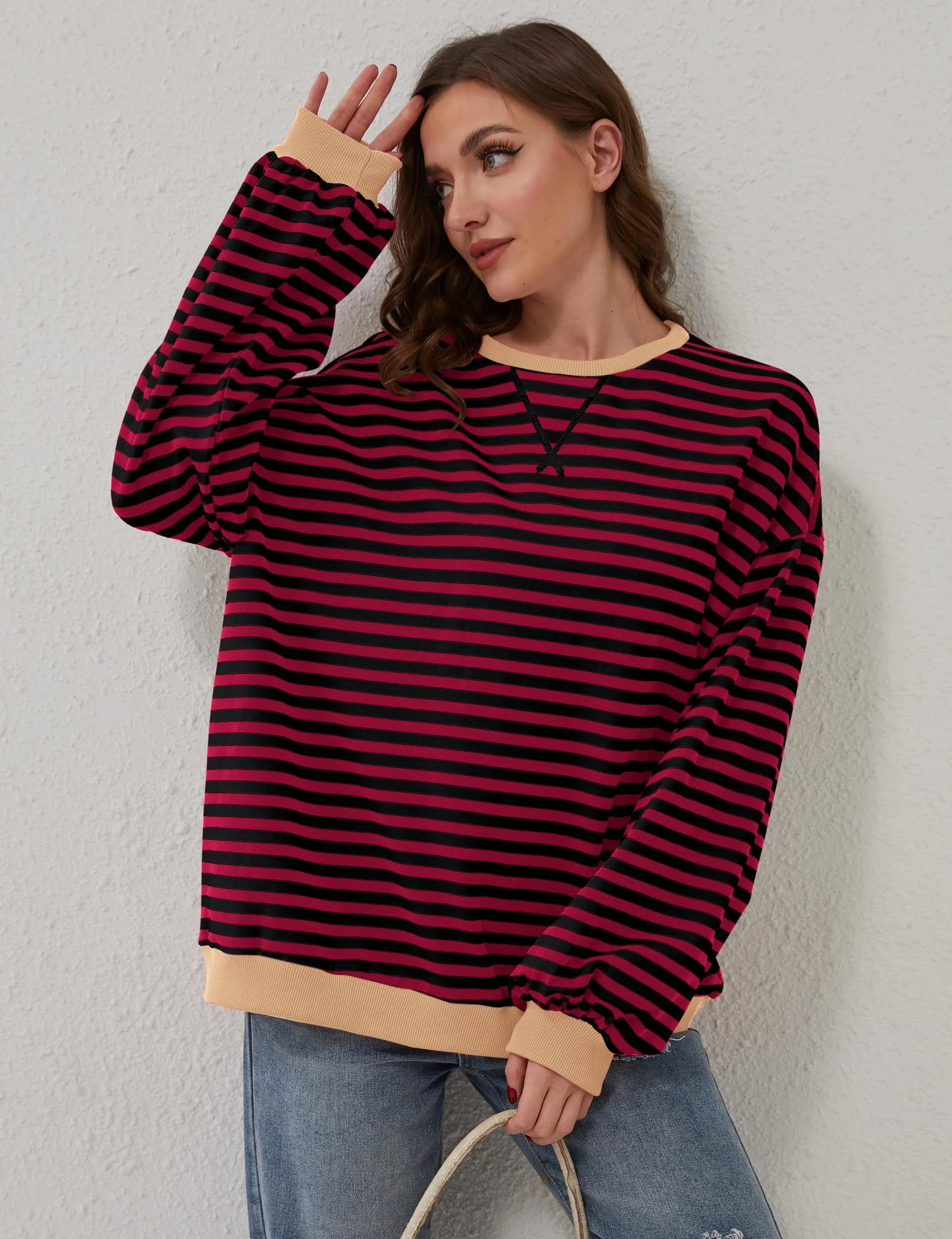 DUOEASE Felpa Donna Oversize a Righe Manica Lunga Top Y2K - immagine 4