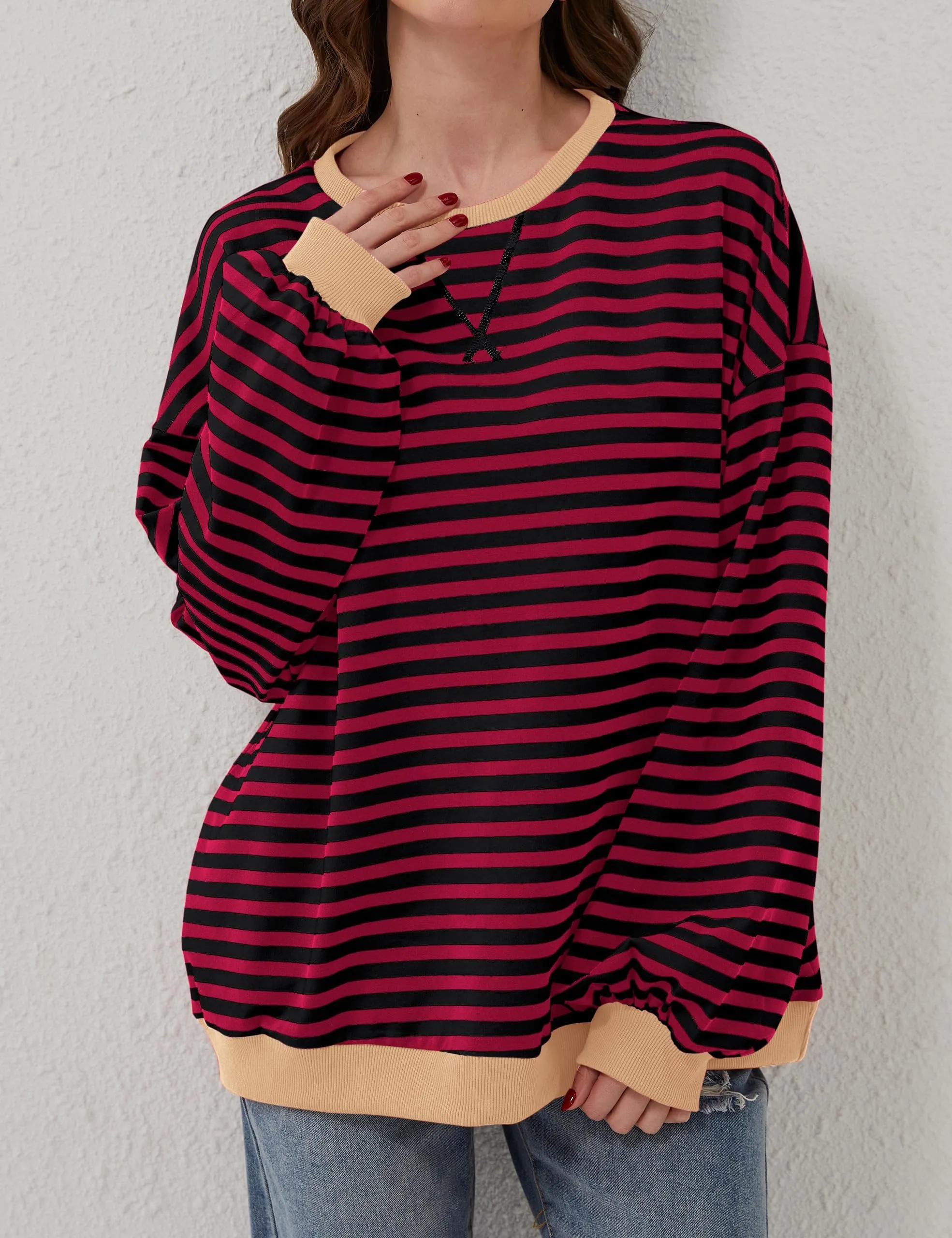 DUOEASE Felpa Donna Oversize a Righe Manica Lunga - immagine 3