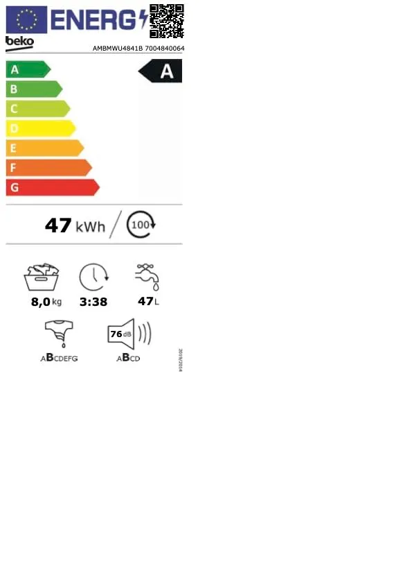 Beko AMBMWU4841B Lavatrice 8kg Classe A Bianco - immagine 8