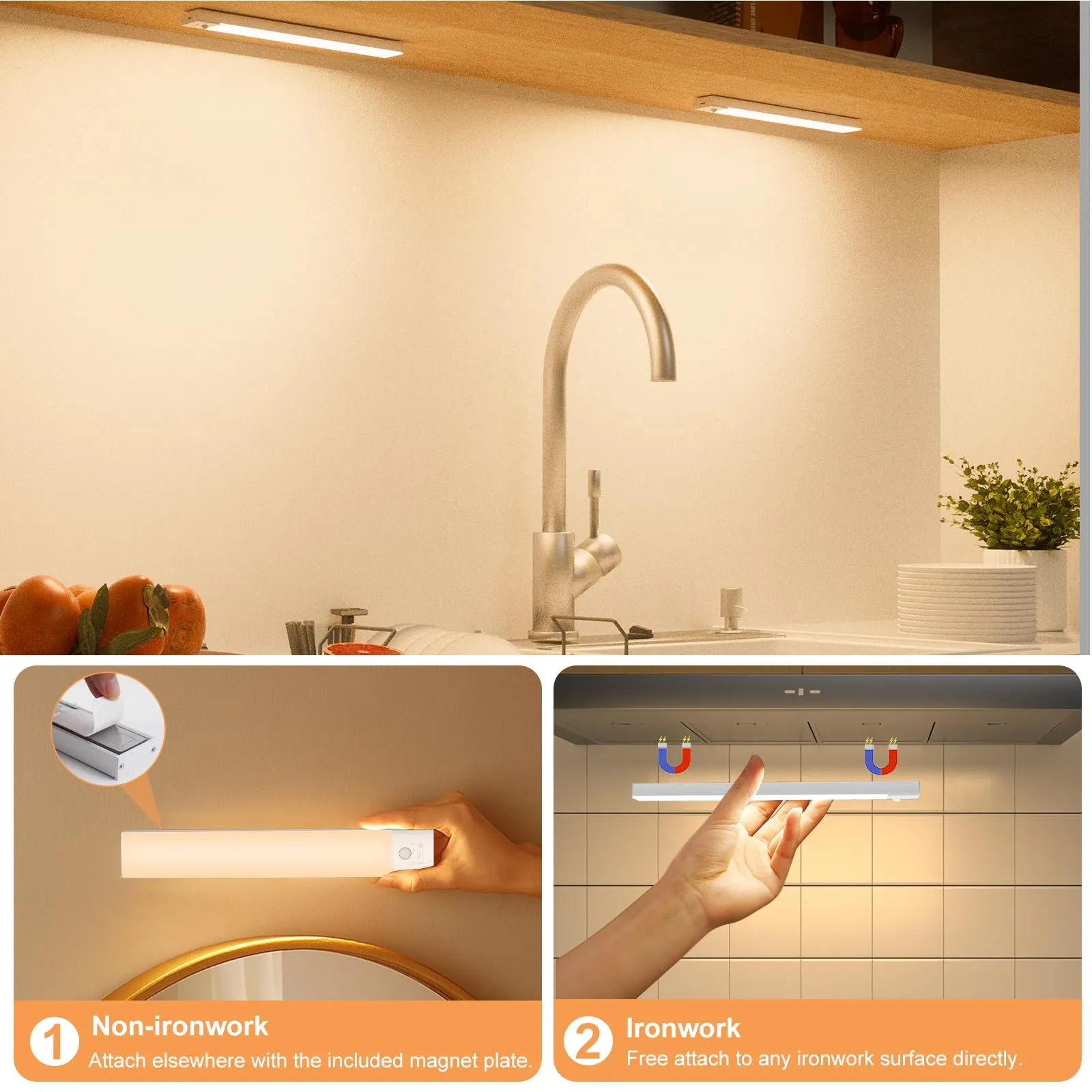 OUILA Luce Armadio LED con Sensore Sottopensile Cucina, 3 Colori, 23cm, 2 Pezzi - immagine 6