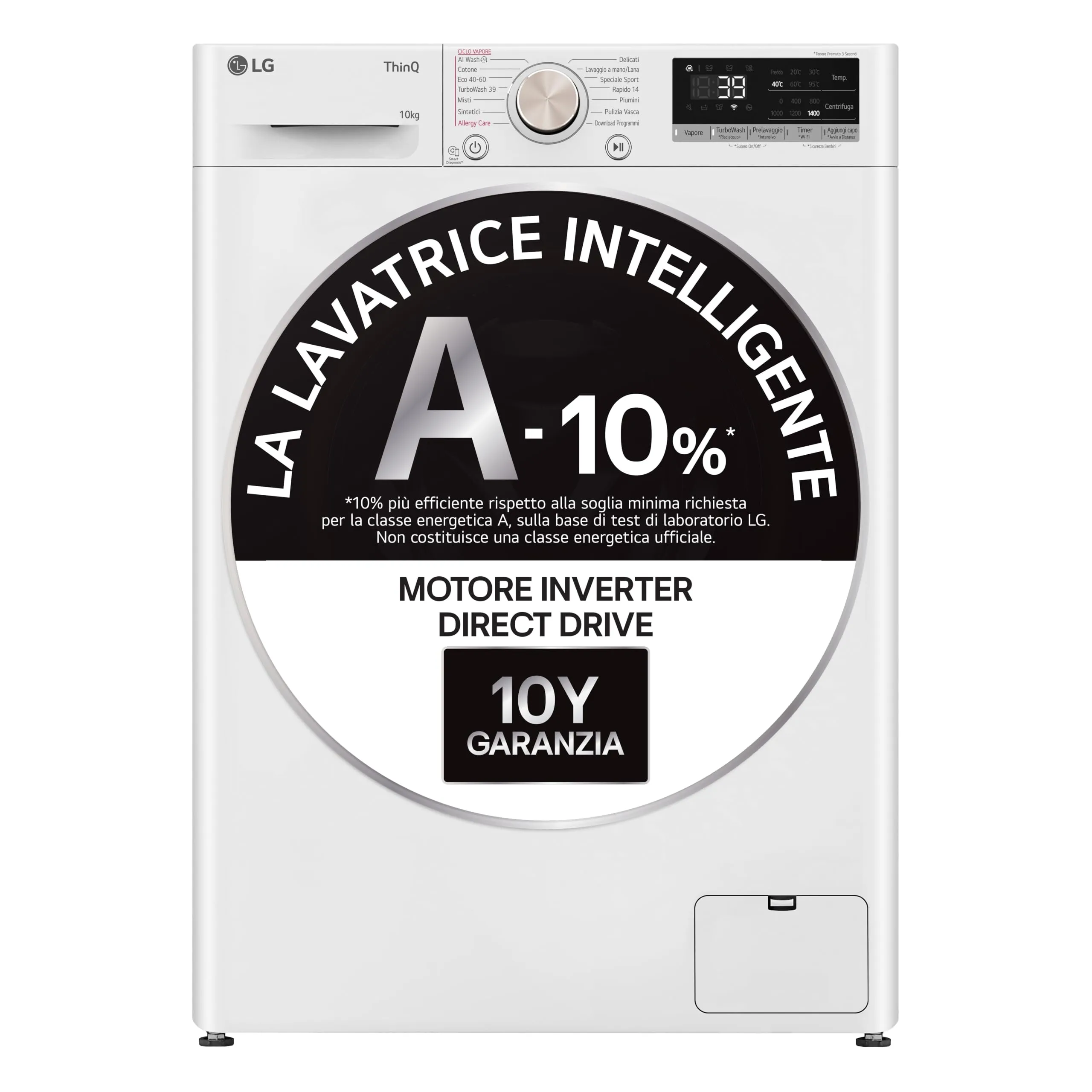 LG AI DD F4R7010TSWG Lavatrice 10 kg Classe A-10%, 1400 Giri, TurboWash 360, Wi-Fi, Serie R7, Bianca - immagine 2