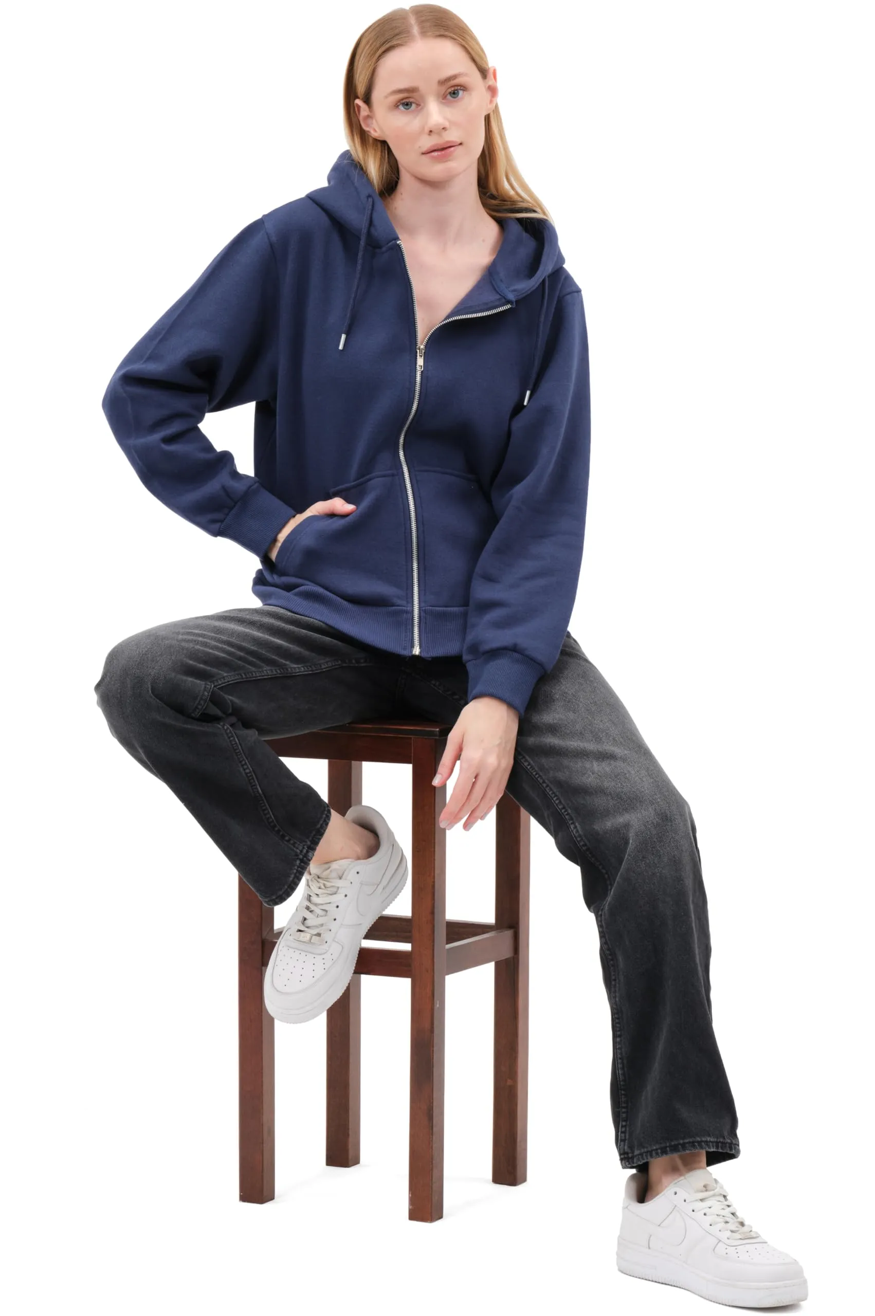 Smith & Solo Felpa da donna con cappuccio in cotone, slim fit, Blu Marino, Taglia L - immagine 2