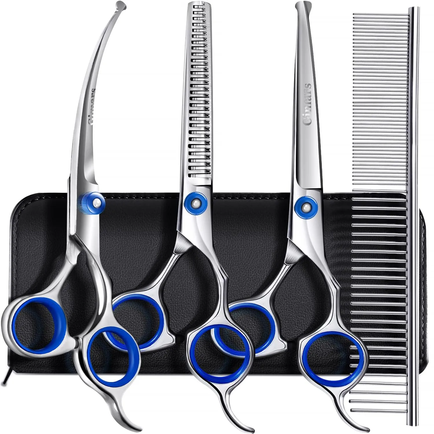 Gimars Professional 5 in 1 Dog Grooming Scissors Set with Round Safety Tip, Straight and Curved Titanium Coated Shears - immagine 1