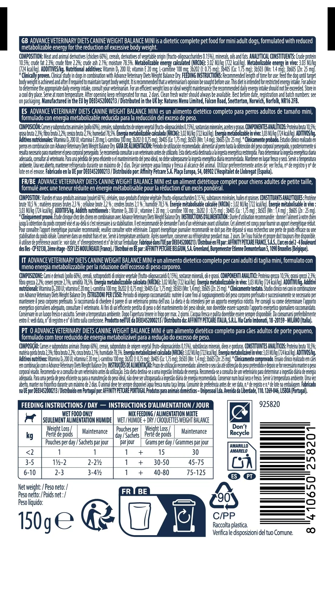 Advance Veterinary Diets Weight Balance Cibo Umido per Cani Multipack 8x150g - immagine 4