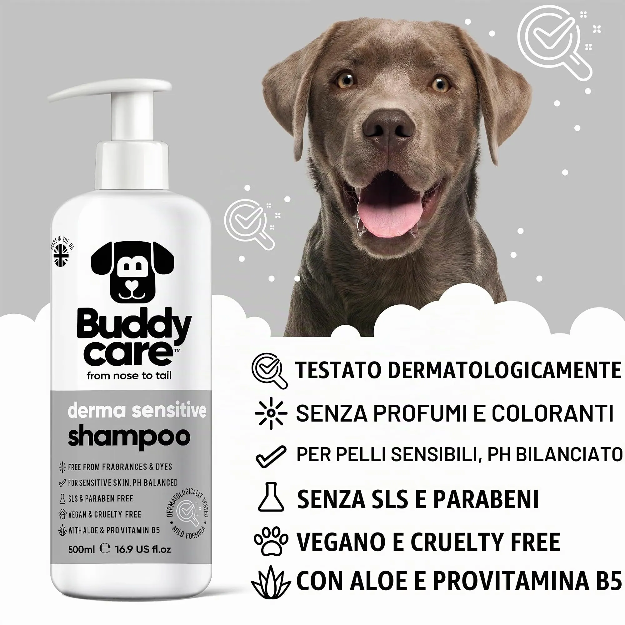 Buddycare Shampoo per cani Derma Sensitive con Aloe Vera e Pro Vitamina B5, 500 ml - immagine 2