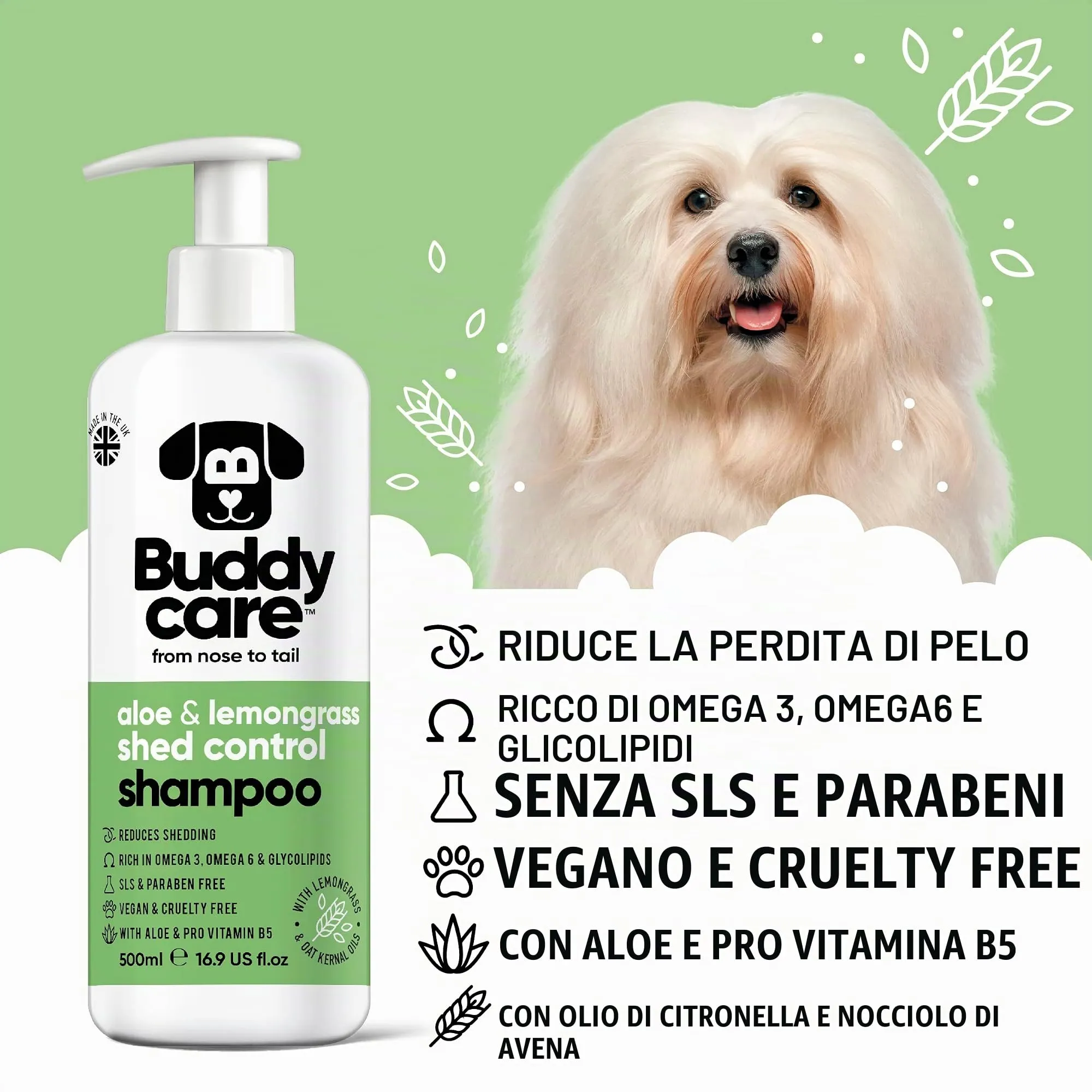 Buddycare Shampoo per cani Shed Control con Aloe Vera, Citronella e Pro Vitamina B5, 500 ml - immagine 2