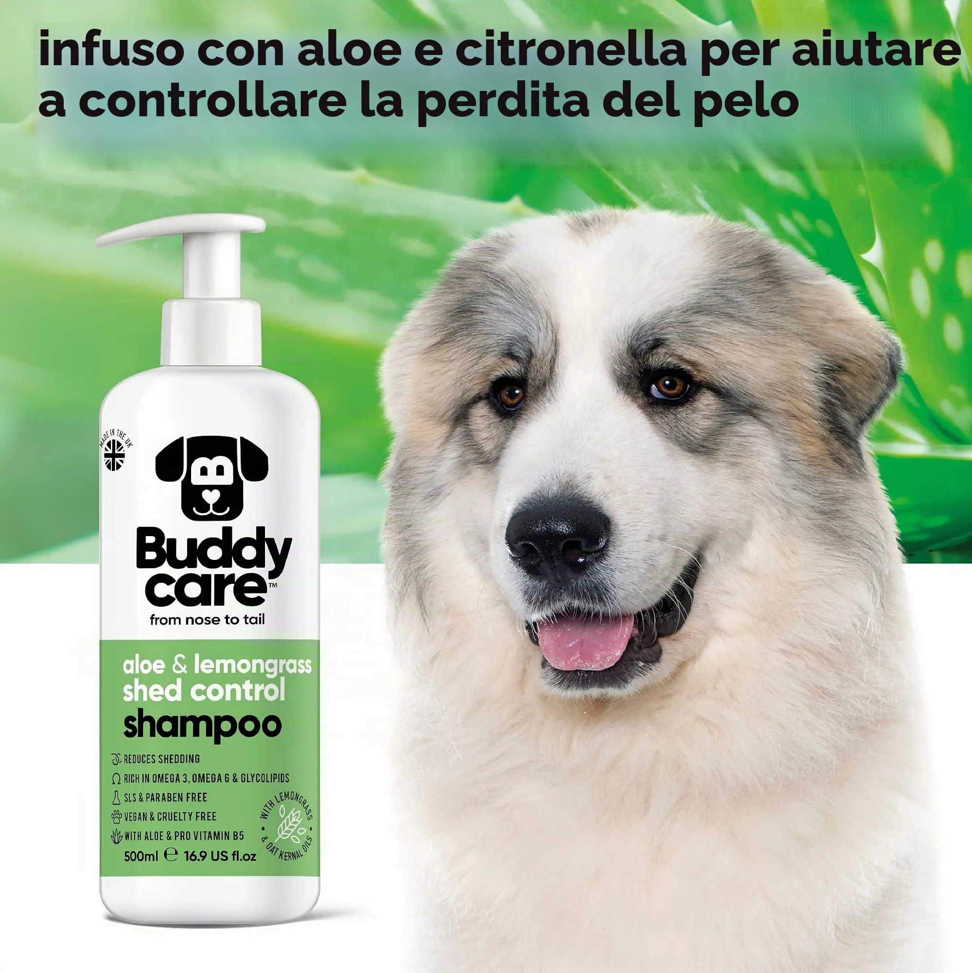 Buddycare Shampoo per cani Shed Control con Aloe Vera, Citronella e Pro Vitamina B5, 500 ml - immagine 3